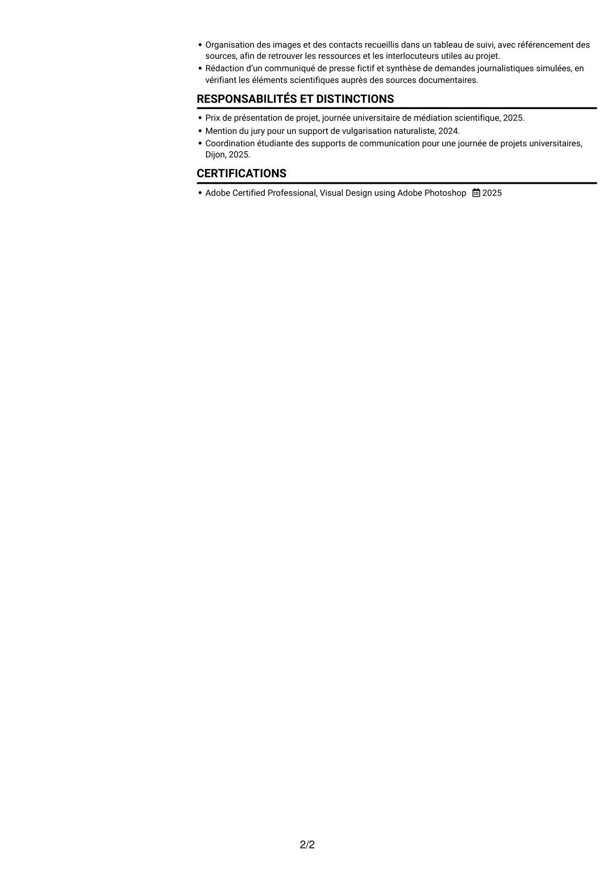 CV Compact (format sobre à deux colonnes avec photo) : Chargé de communication - Biodiversité, page 2