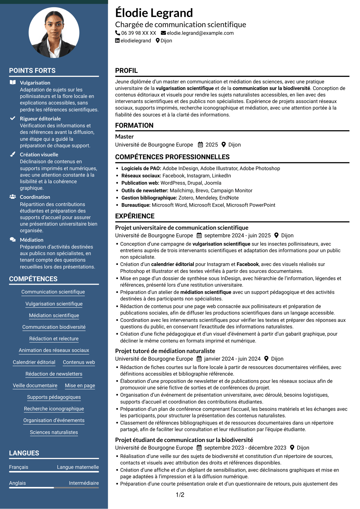 CV Élégant (format à colonne latérale colorée avec photo) : Chargé de communication - Biodiversité, page 1