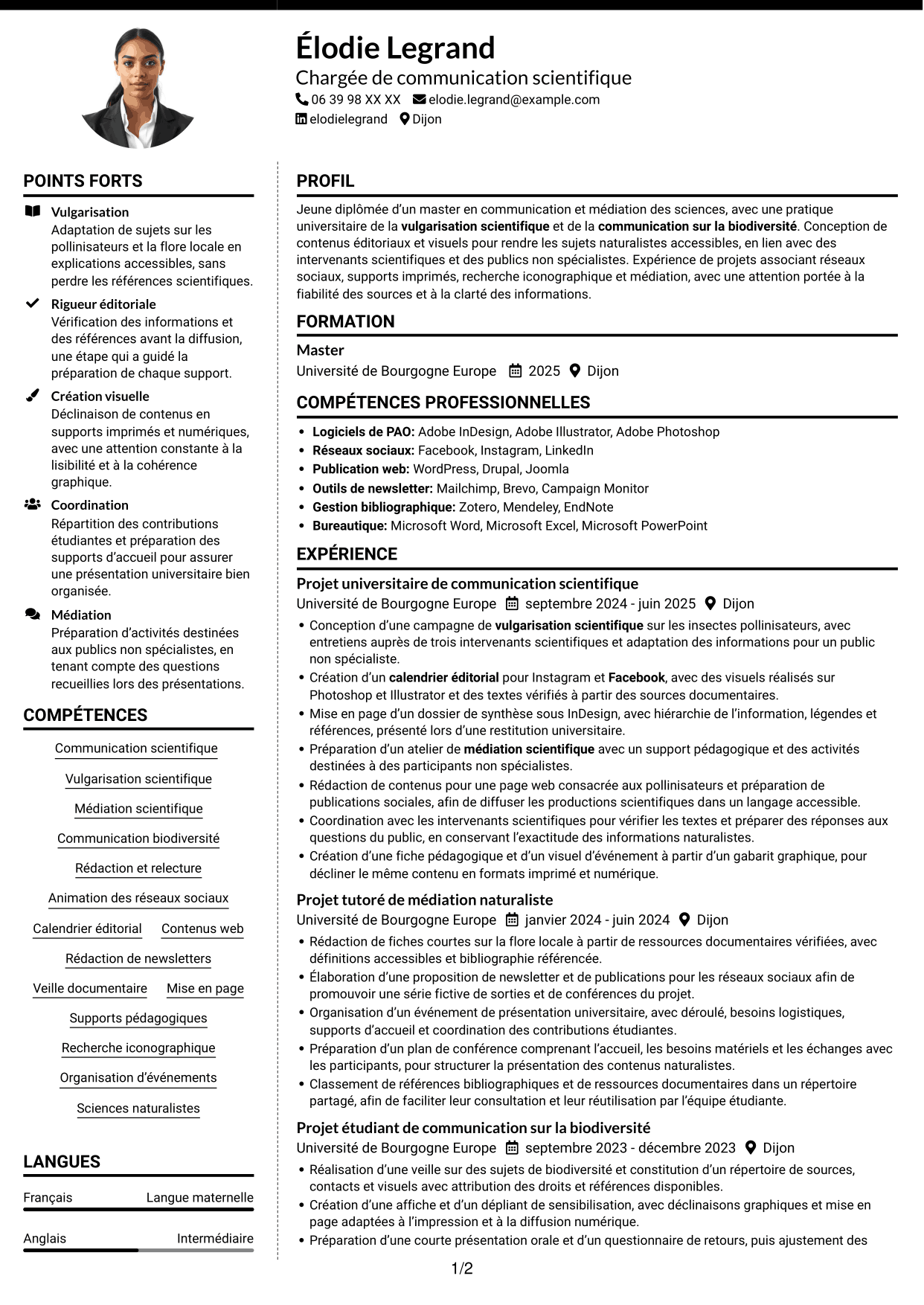 CV Moderne (format à deux colonnes avec photo à gauche et séparateur) : Chargé de communication - Biodiversité, page 1