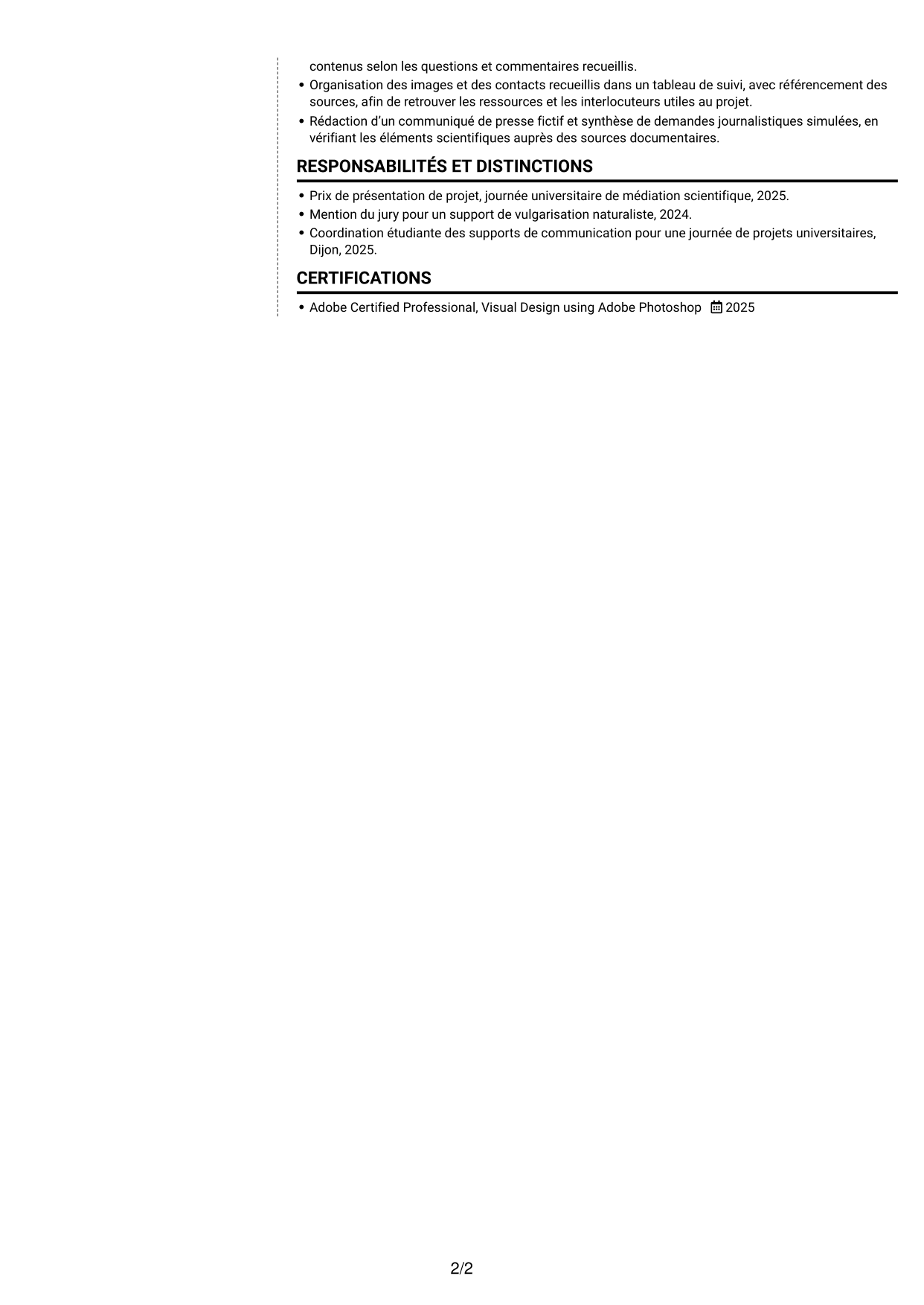CV Moderne (format à deux colonnes avec photo à gauche et séparateur) : Chargé de communication - Biodiversité, page 2