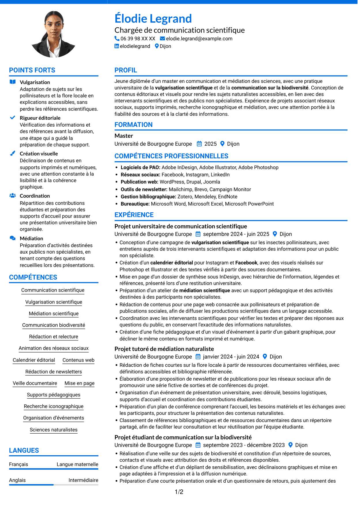 CV Audacieux (format à deux colonnes avec accents colorés et photo) : Chargé de communication - Biodiversité, page 1