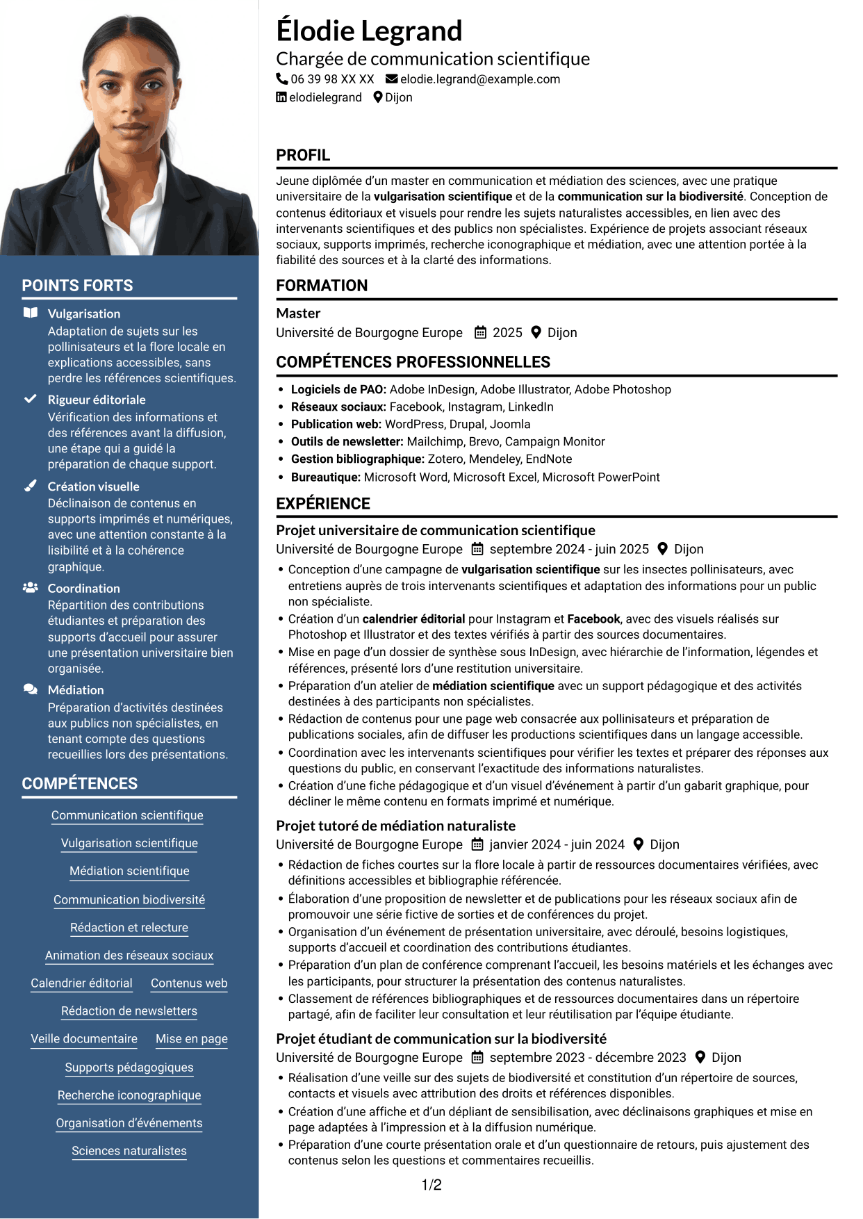 CV Signature (format à colonne latérale colorée avec grande photo) : Chargé de communication - Biodiversité, page 1