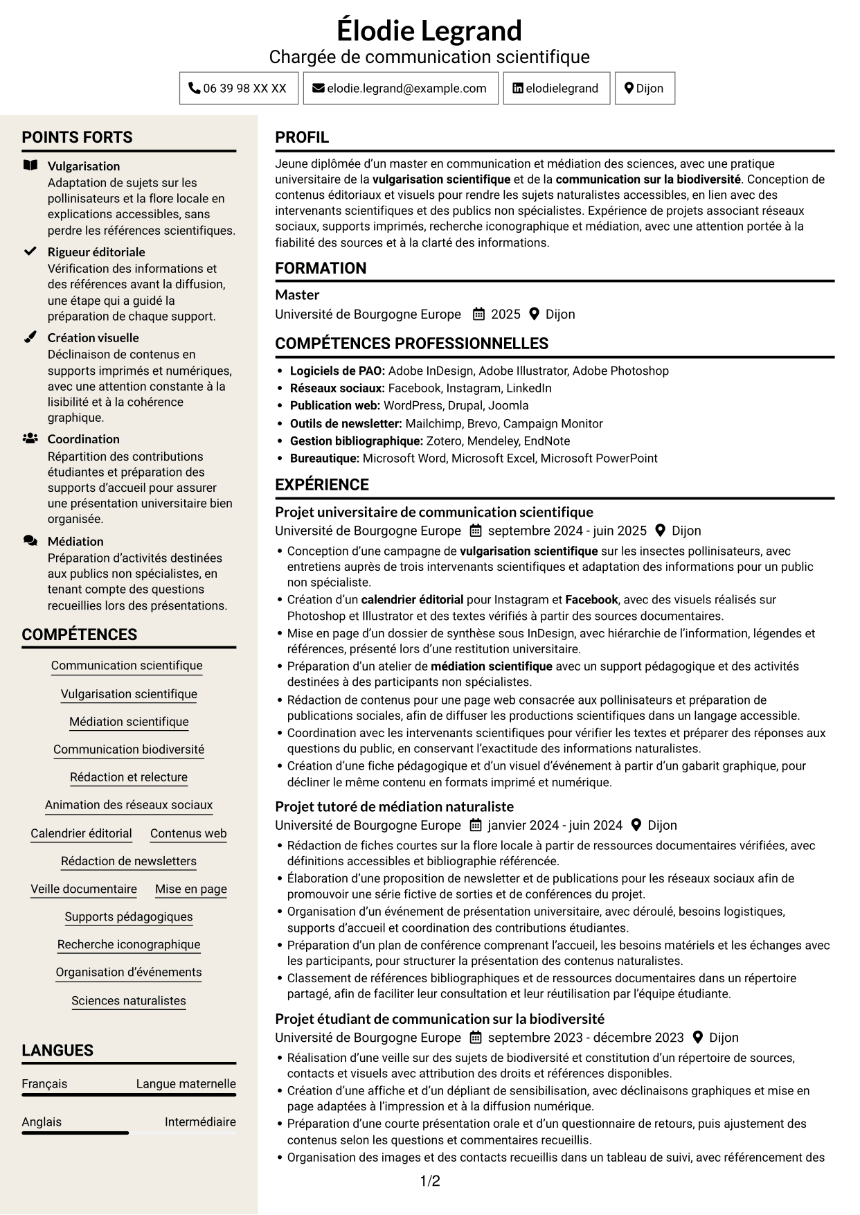 CV Fonceur (format à deux colonnes avec en-tête centré sans photo) : Chargé de communication - Biodiversité, page 1