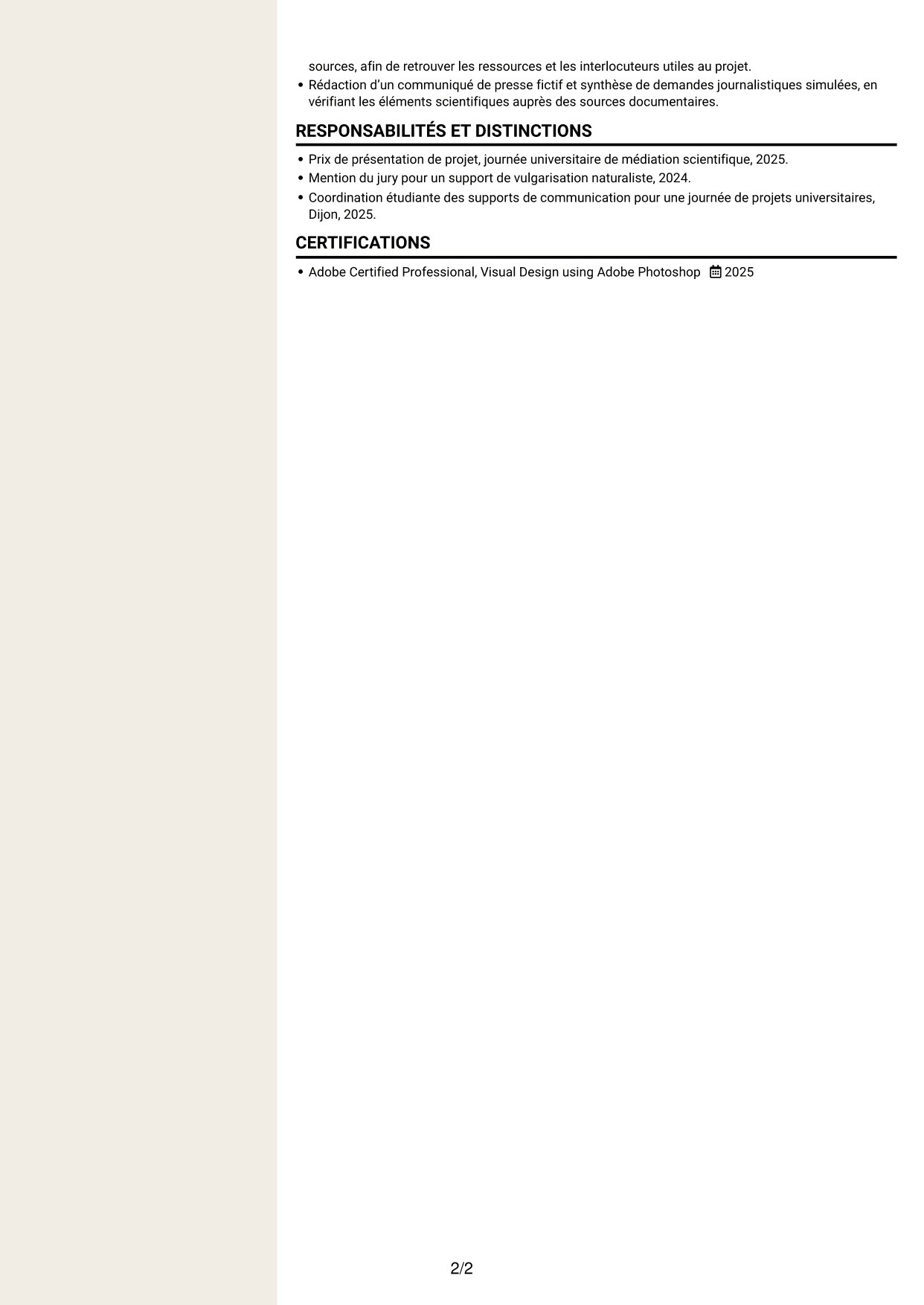 CV Fonceur (format à deux colonnes avec en-tête centré sans photo) : Chargé de communication - Biodiversité, page 2
