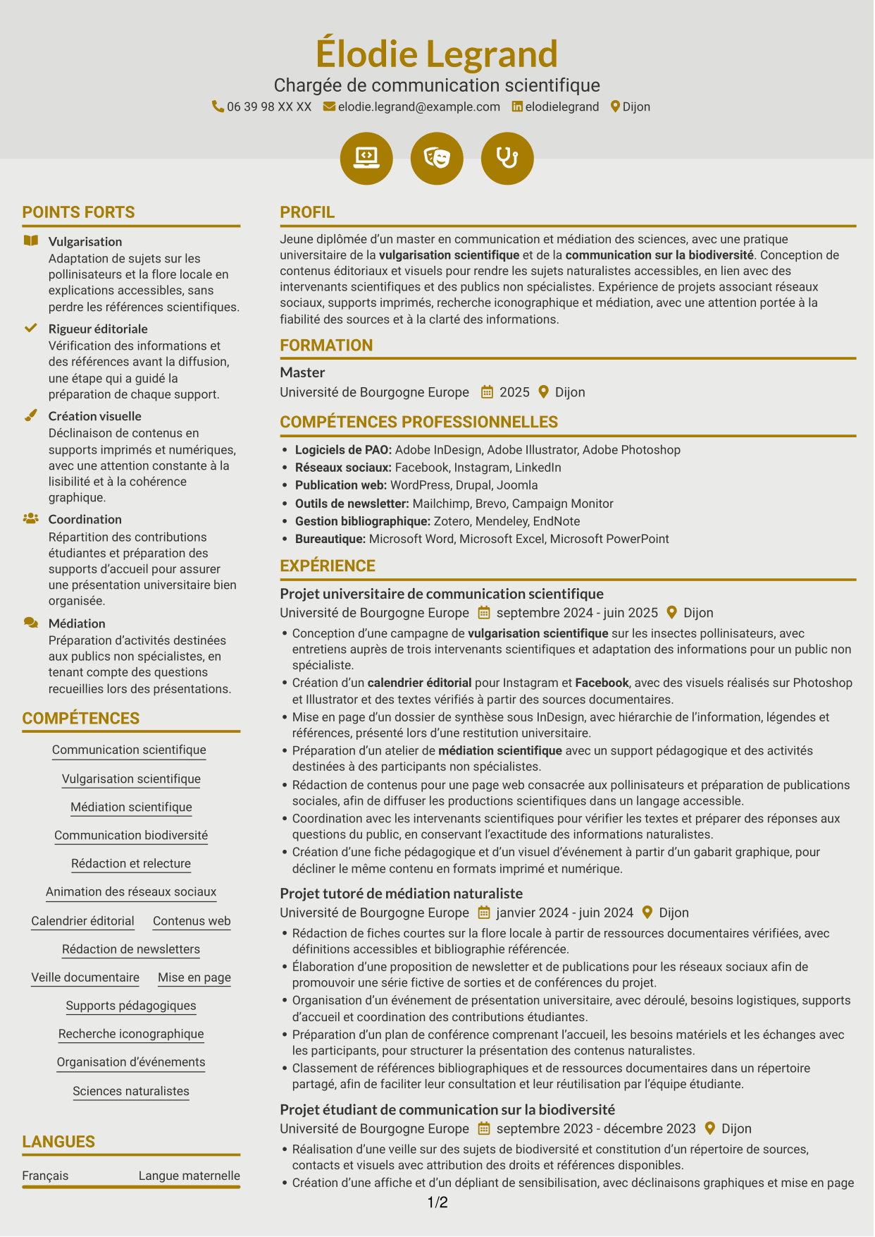 CV Dynamique (format à deux colonnes avec icônes) : Chargé de communication - Biodiversité, page 1