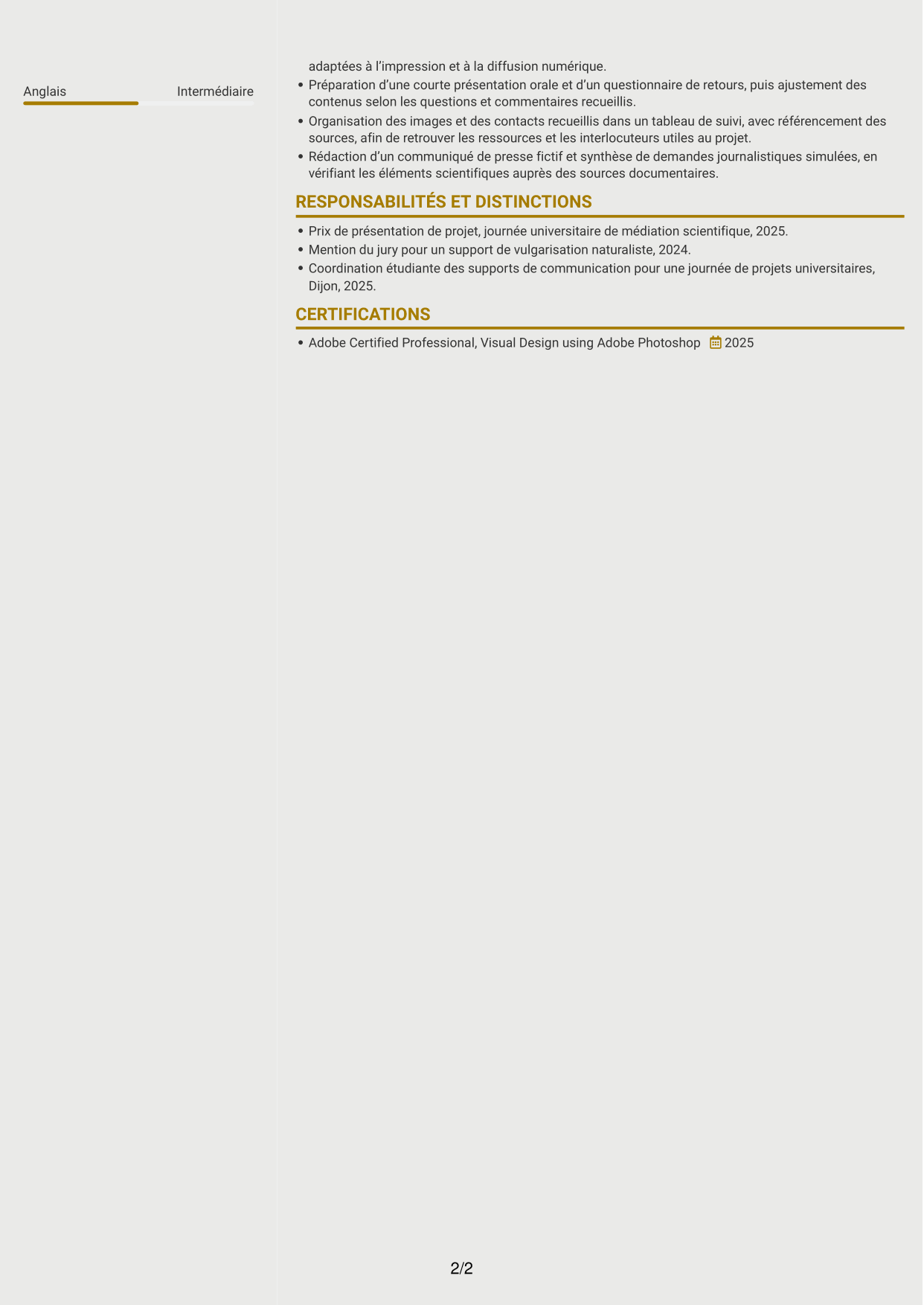 CV Dynamique (format à deux colonnes avec icônes) : Chargé de communication - Biodiversité, page 2