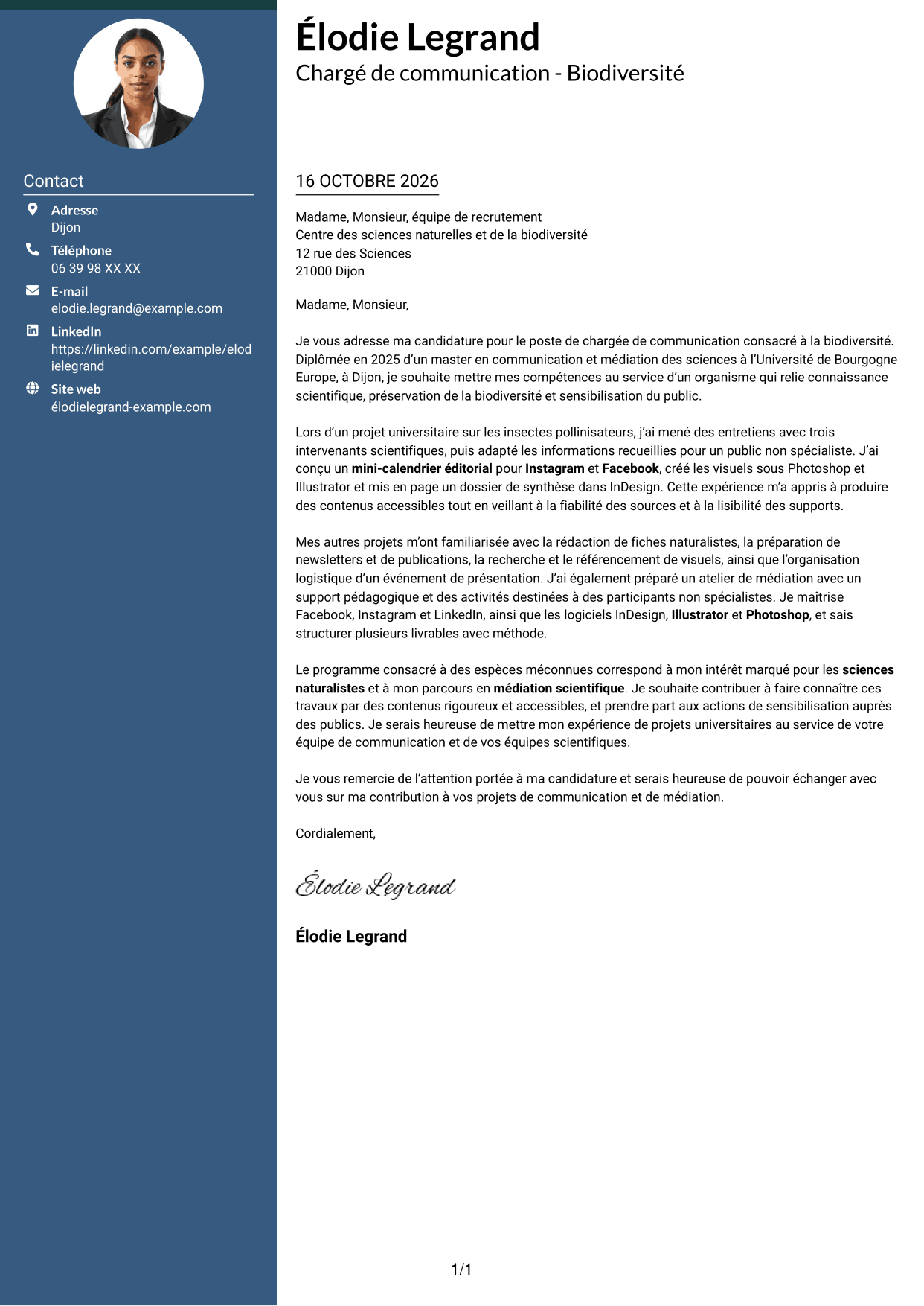 Lettre de motivation Élégant (format à colonne latérale colorée avec photo) : Chargé de communication - Biodiversité, page 1