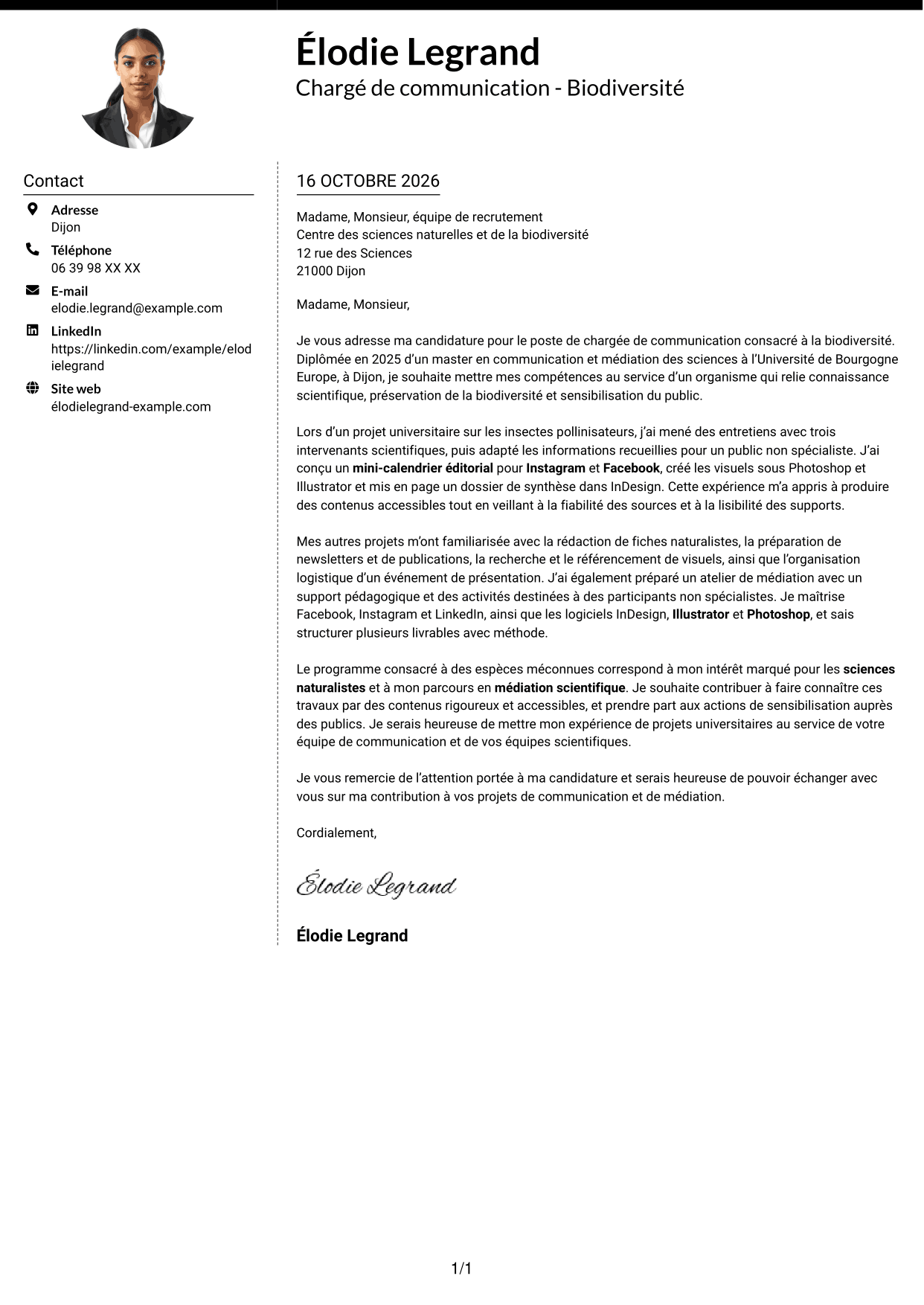 Lettre de motivation Moderne (format à deux colonnes avec photo à gauche et séparateur) : Chargé de communication - Biodiversité, page 1