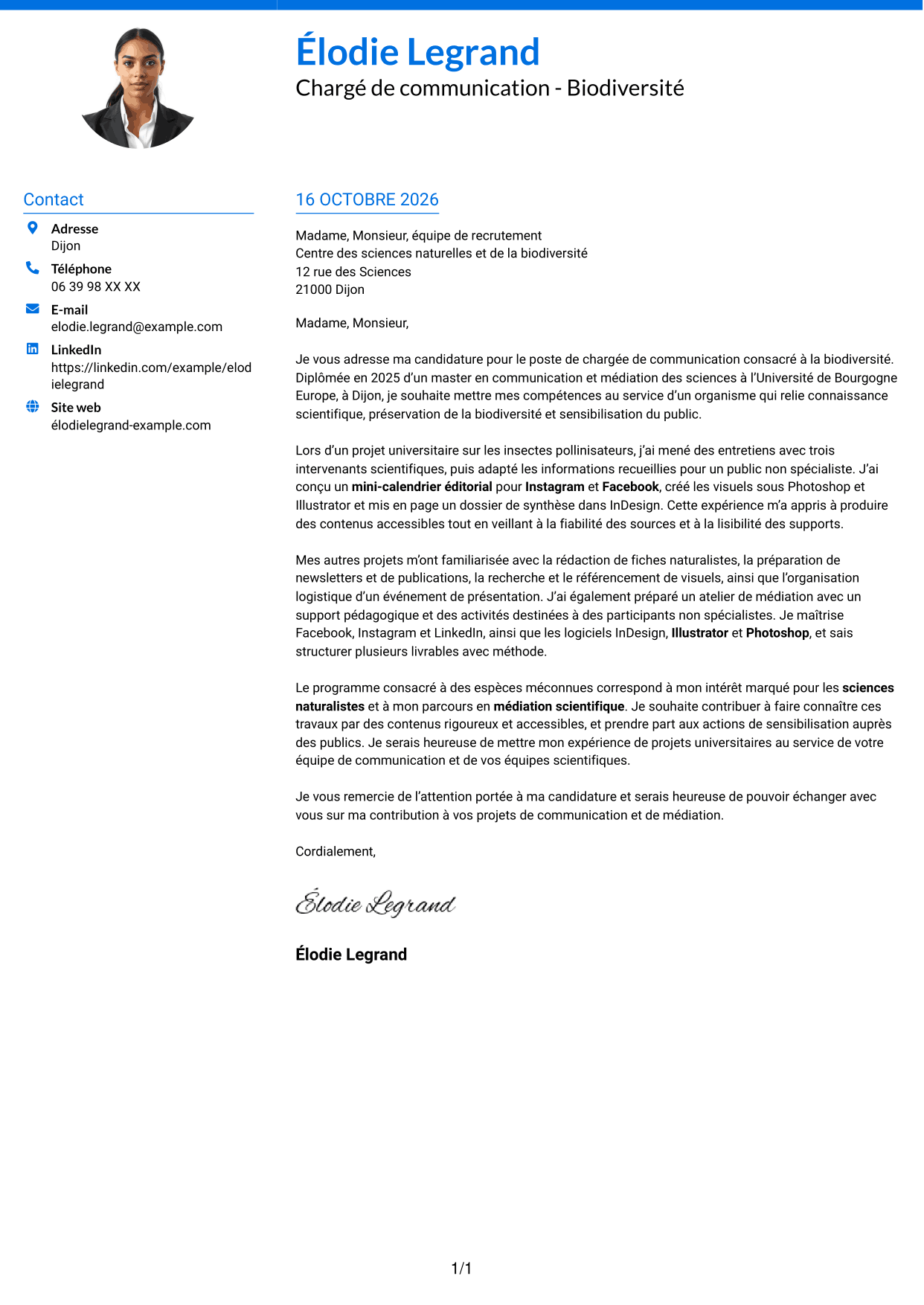 Lettre de motivation Audacieux (format à deux colonnes avec accents colorés et photo) : Chargé de communication - Biodiversité, page 1