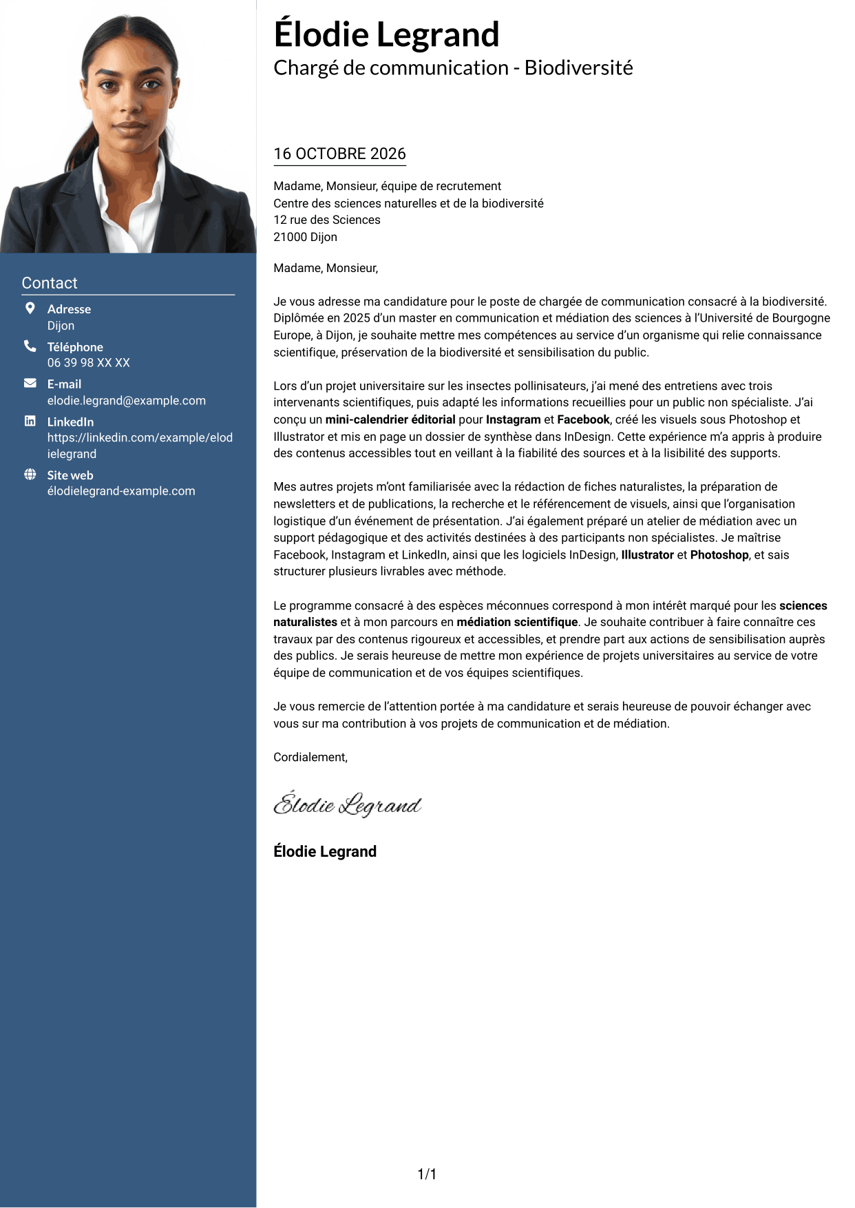 Lettre de motivation Signature (format à colonne latérale colorée avec grande photo) : Chargé de communication - Biodiversité, page 1
