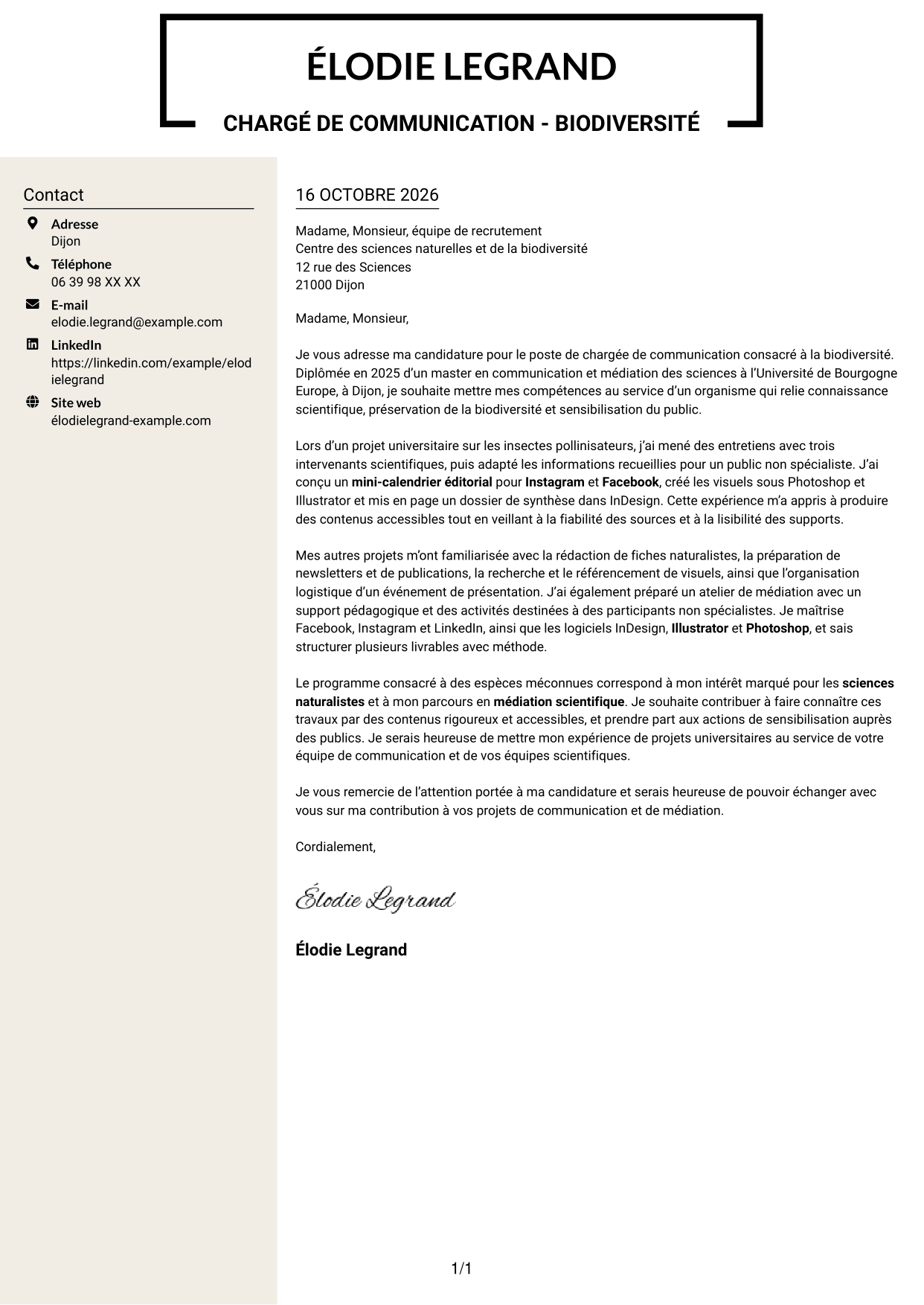 Lettre de motivation Fonceur (format à deux colonnes avec en-tête centré sans photo) : Chargé de communication - Biodiversité, page 1