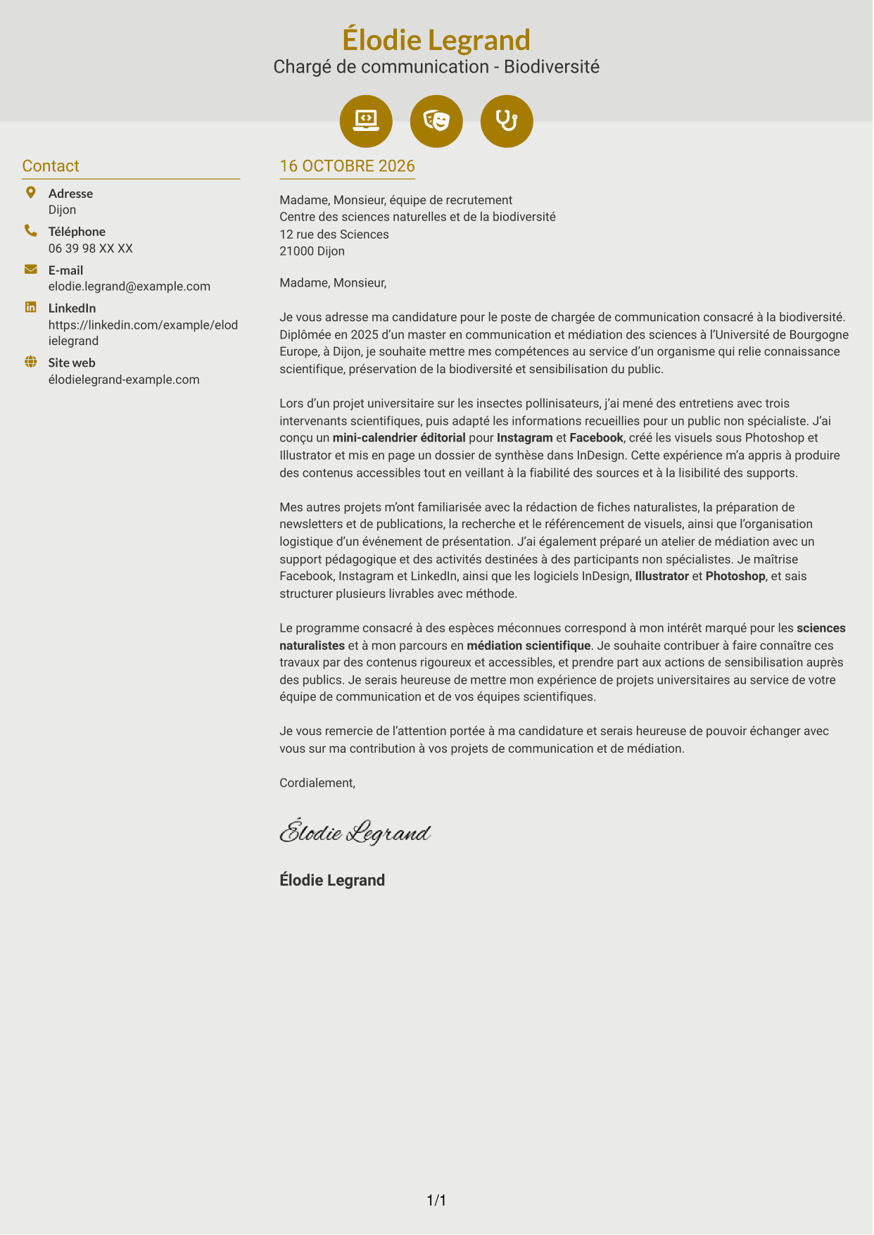 Lettre de motivation Dynamique (format à deux colonnes avec icônes) : Chargé de communication - Biodiversité, page 1