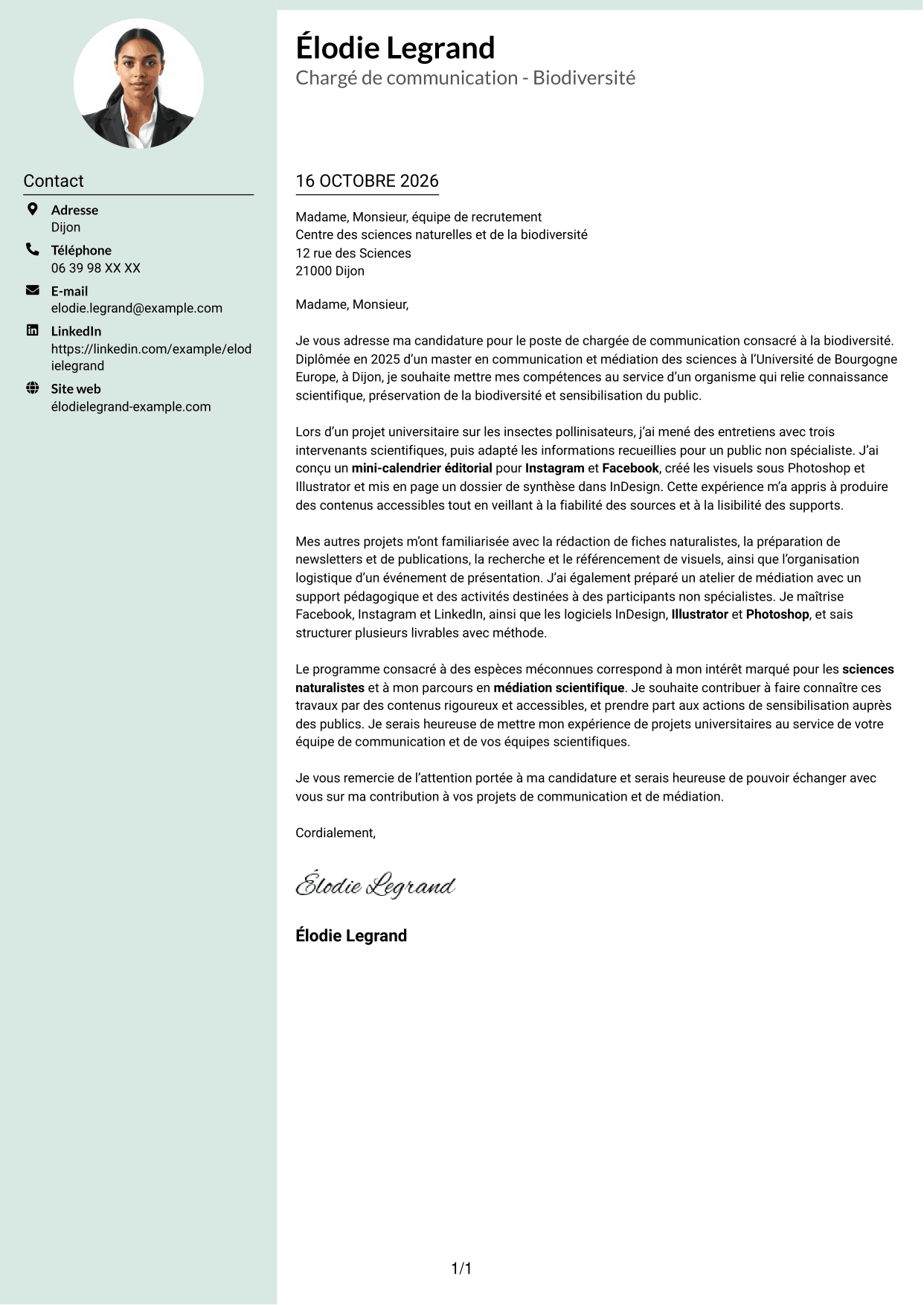Lettre de motivation Cadre (format à colonne latérale douce avec photo arrondie) : Chargé de communication - Biodiversité, page 1