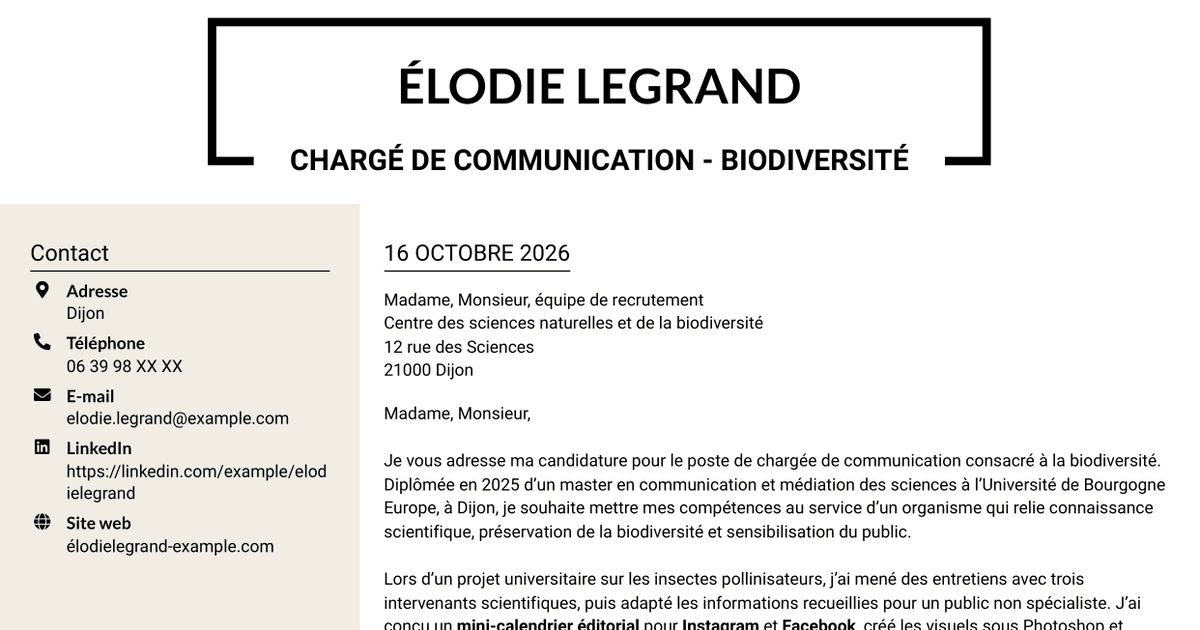 7 modèles de lettre de motivation pour Chargé de communication - Biodiversité, avec exemples