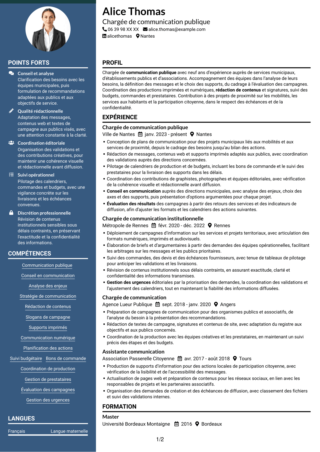 CV Élégant (format à colonne latérale colorée avec photo) : Chargé de communication - Communication publique, page 1