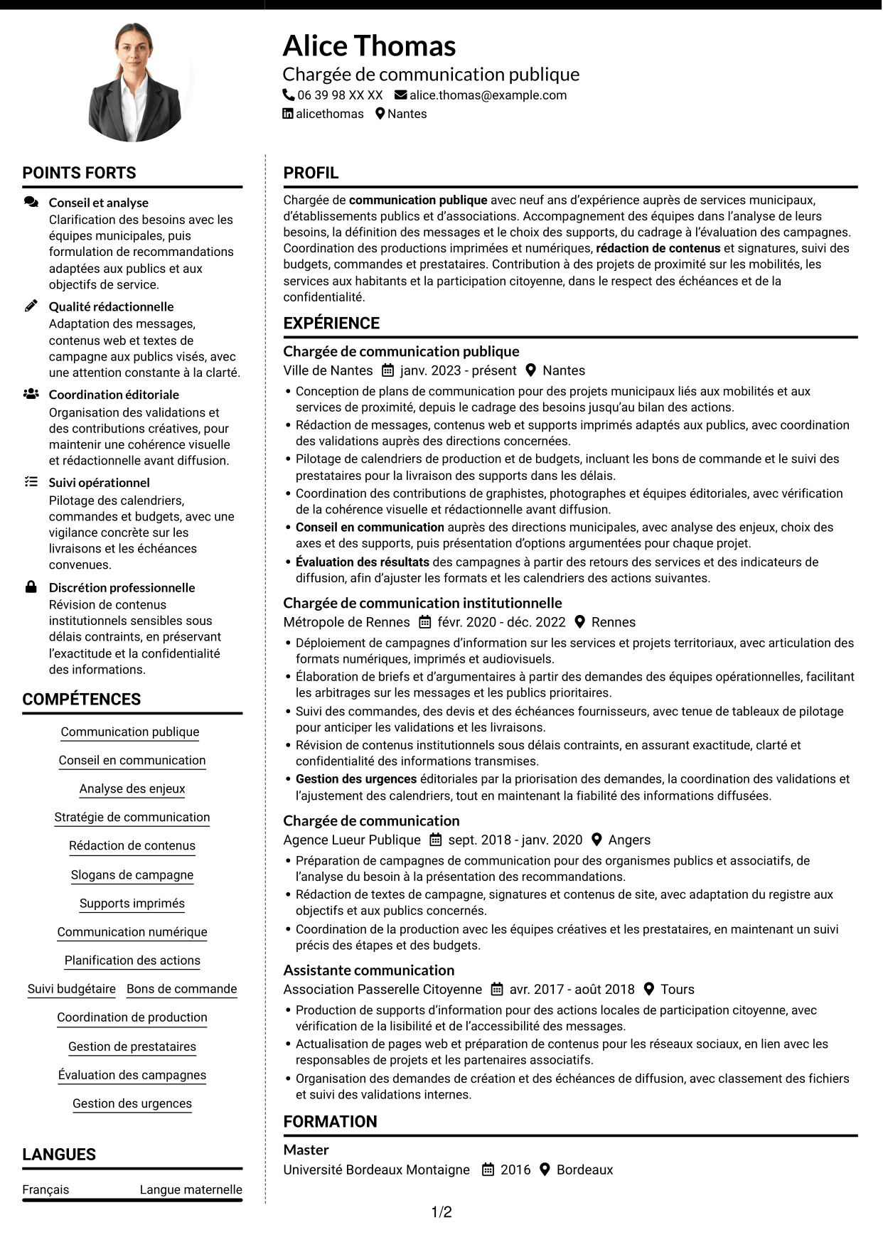 CV Moderne (format à deux colonnes avec photo à gauche et séparateur) : Chargé de communication - Communication publique, page 1
