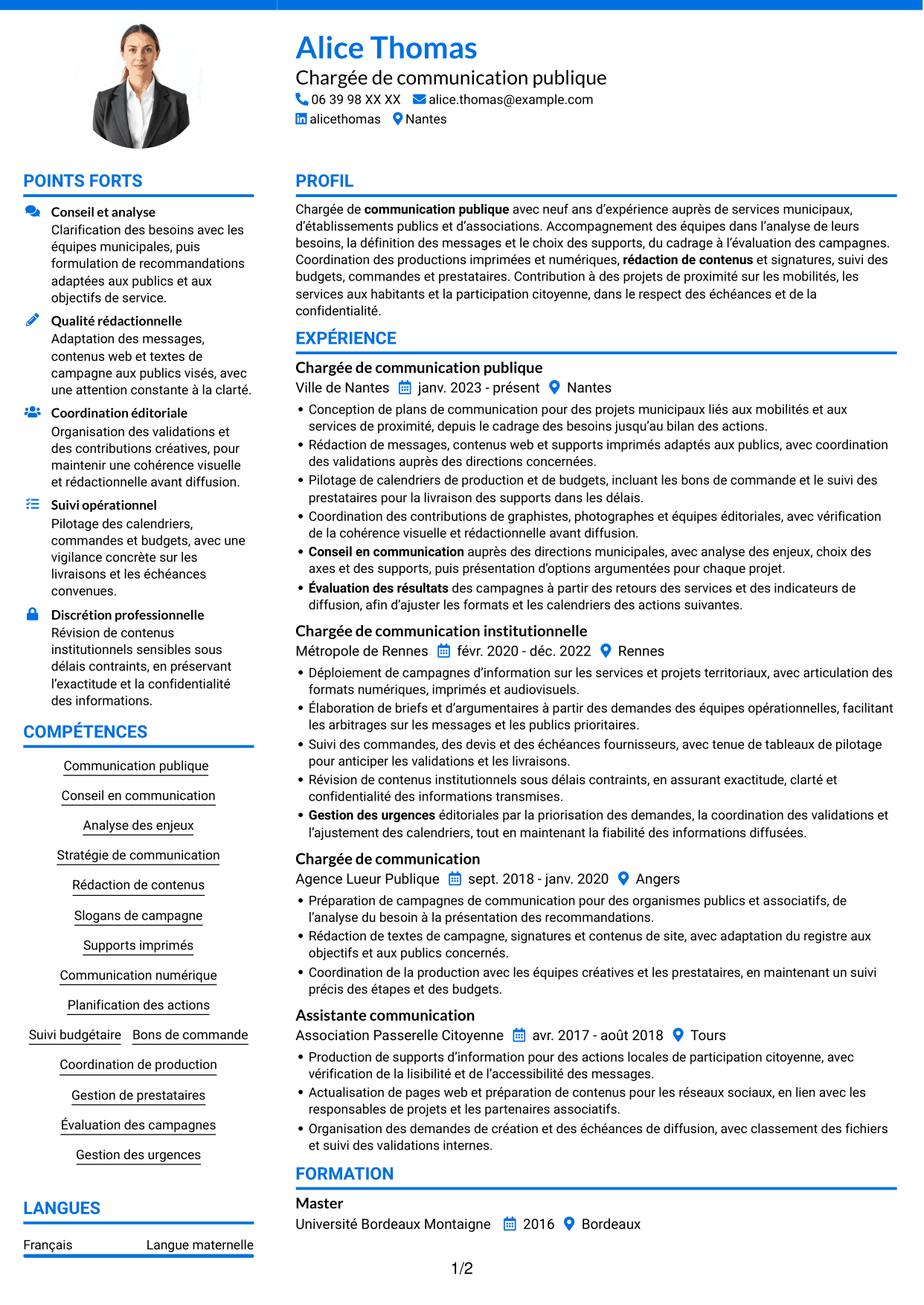 CV Audacieux (format à deux colonnes avec accents colorés et photo) : Chargé de communication - Communication publique, page 1