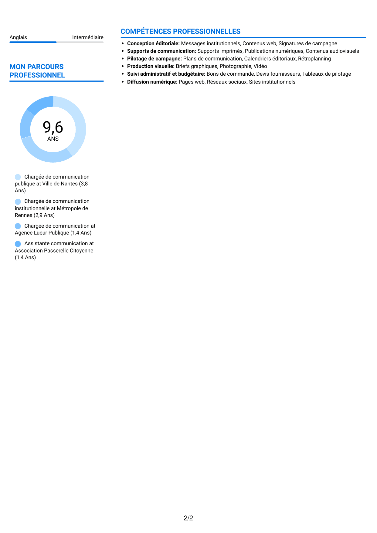 CV Audacieux (format à deux colonnes avec accents colorés et photo) : Chargé de communication - Communication publique, page 2