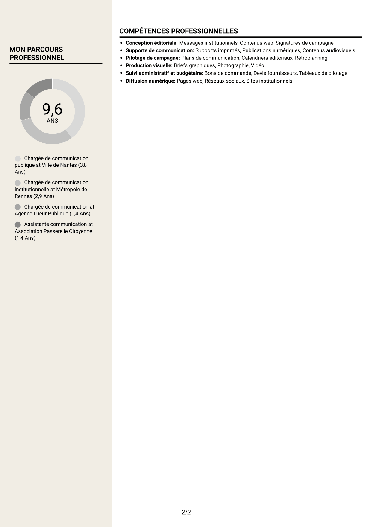 CV Fonceur (format à deux colonnes avec en-tête centré sans photo) : Chargé de communication - Communication publique, page 2