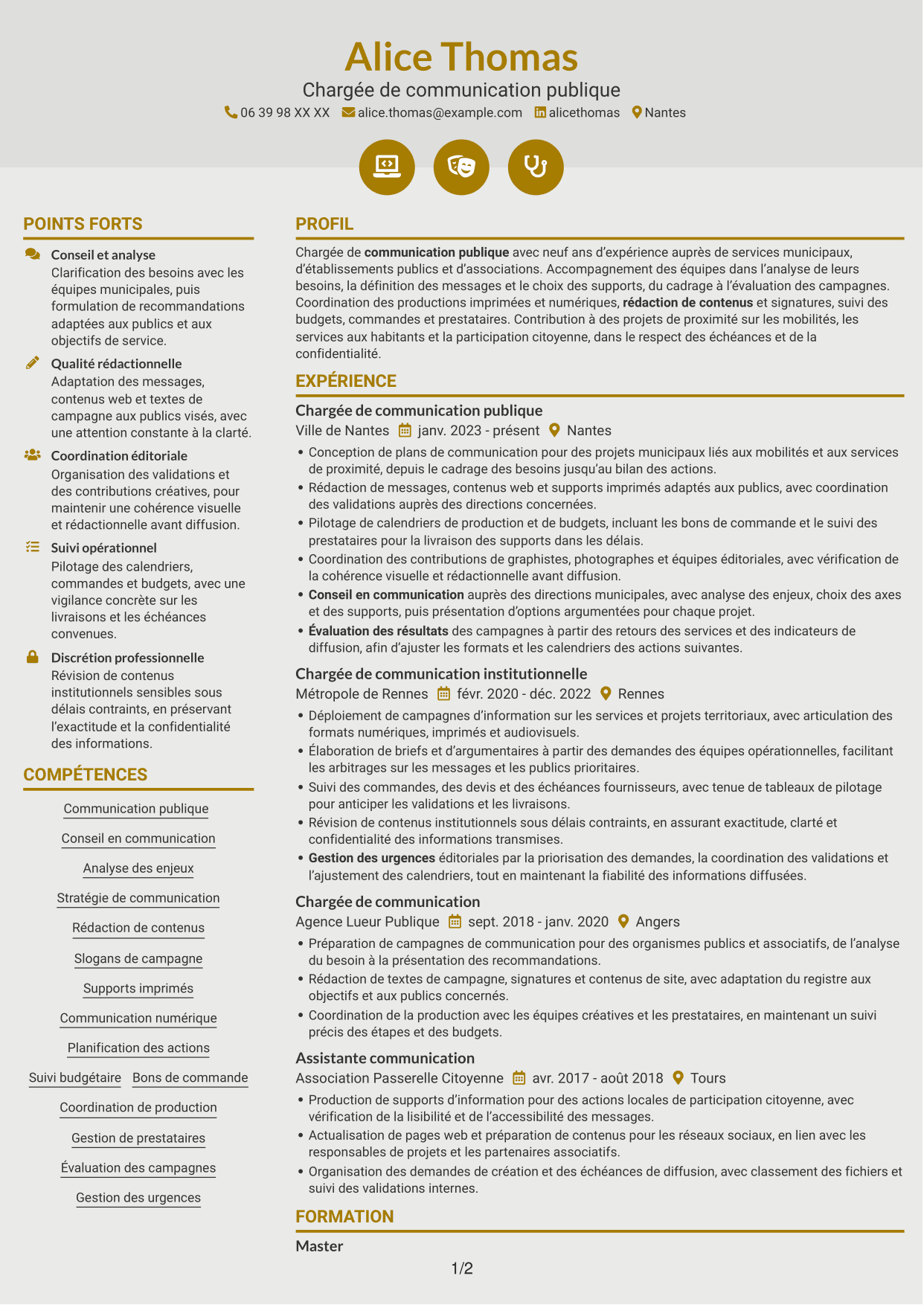 CV Dynamique (format à deux colonnes avec icônes) : Chargé de communication - Communication publique, page 1