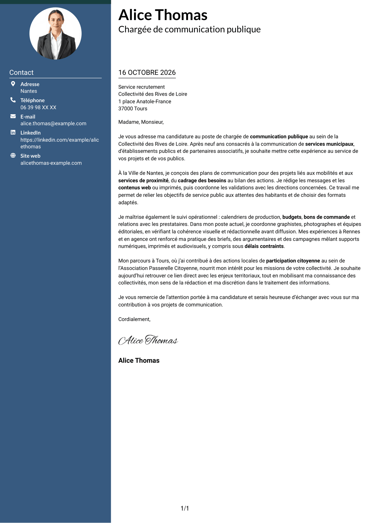 Lettre de motivation Élégant (format à colonne latérale colorée avec photo) : Chargé de communication - Communication publique, page 1