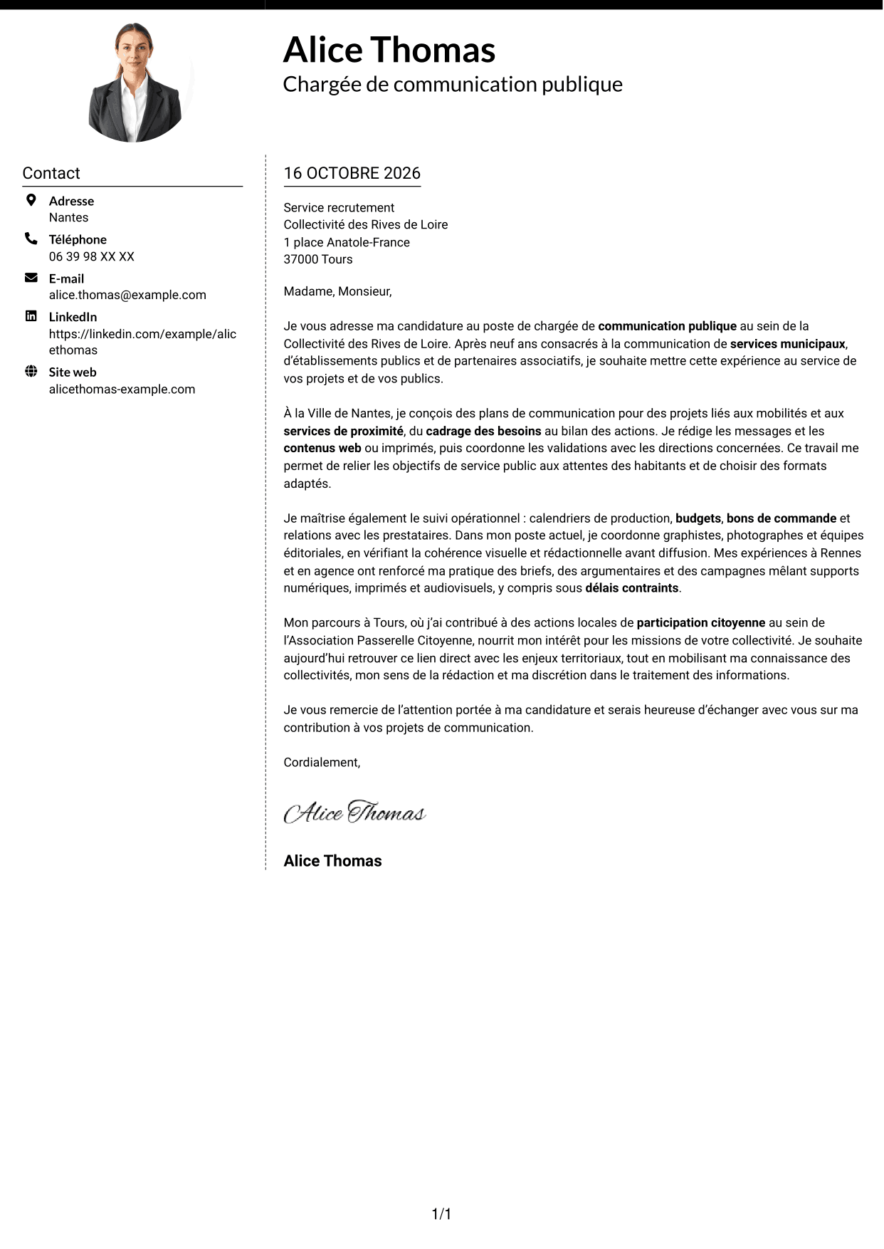 Lettre de motivation Moderne (format à deux colonnes avec photo à gauche et séparateur) : Chargé de communication - Communication publique, page 1