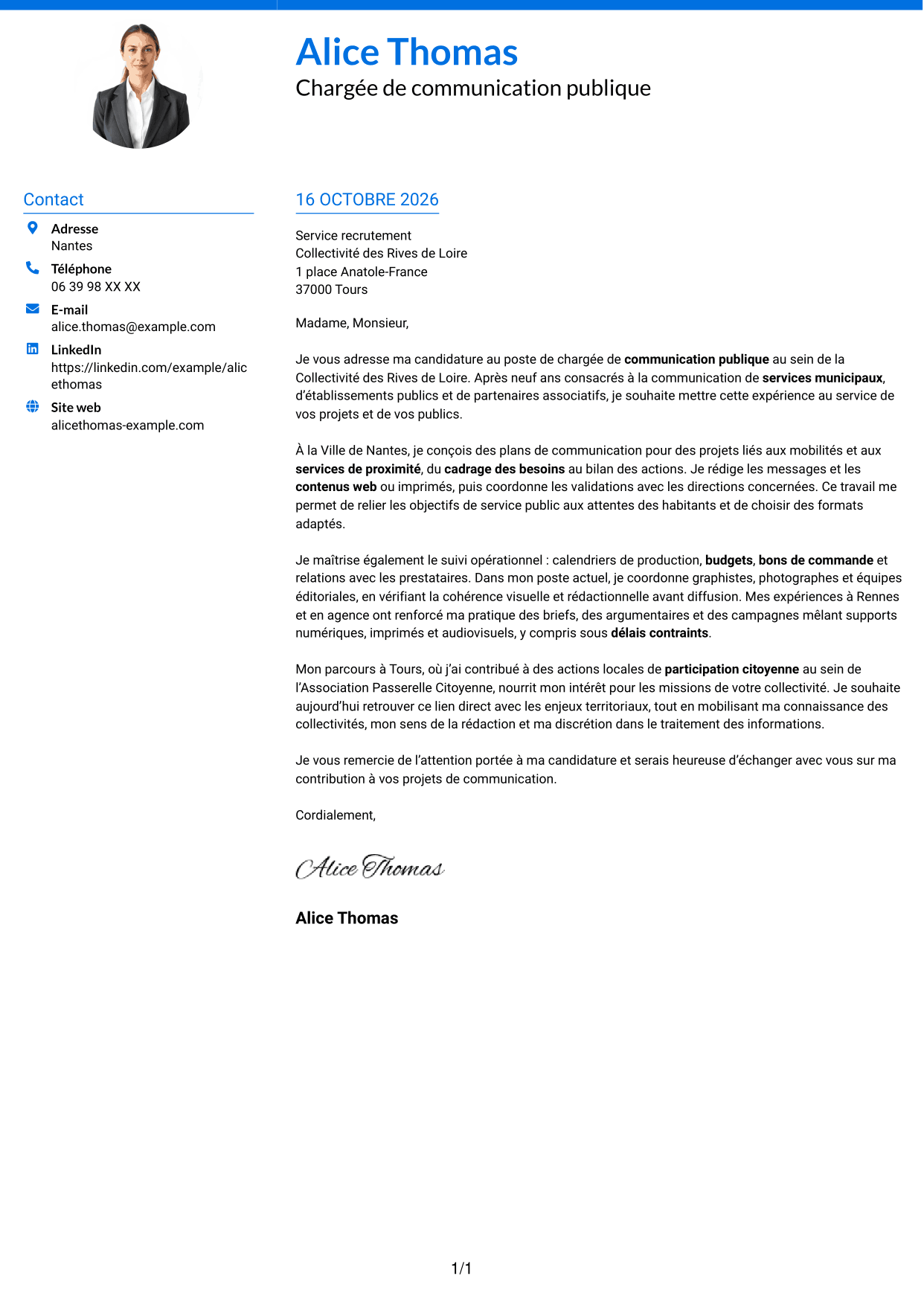 Lettre de motivation Audacieux (format à deux colonnes avec accents colorés et photo) : Chargé de communication - Communication publique, page 1