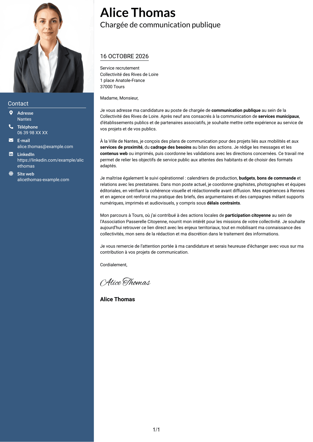 Lettre de motivation Signature (format à colonne latérale colorée avec grande photo) : Chargé de communication - Communication publique, page 1