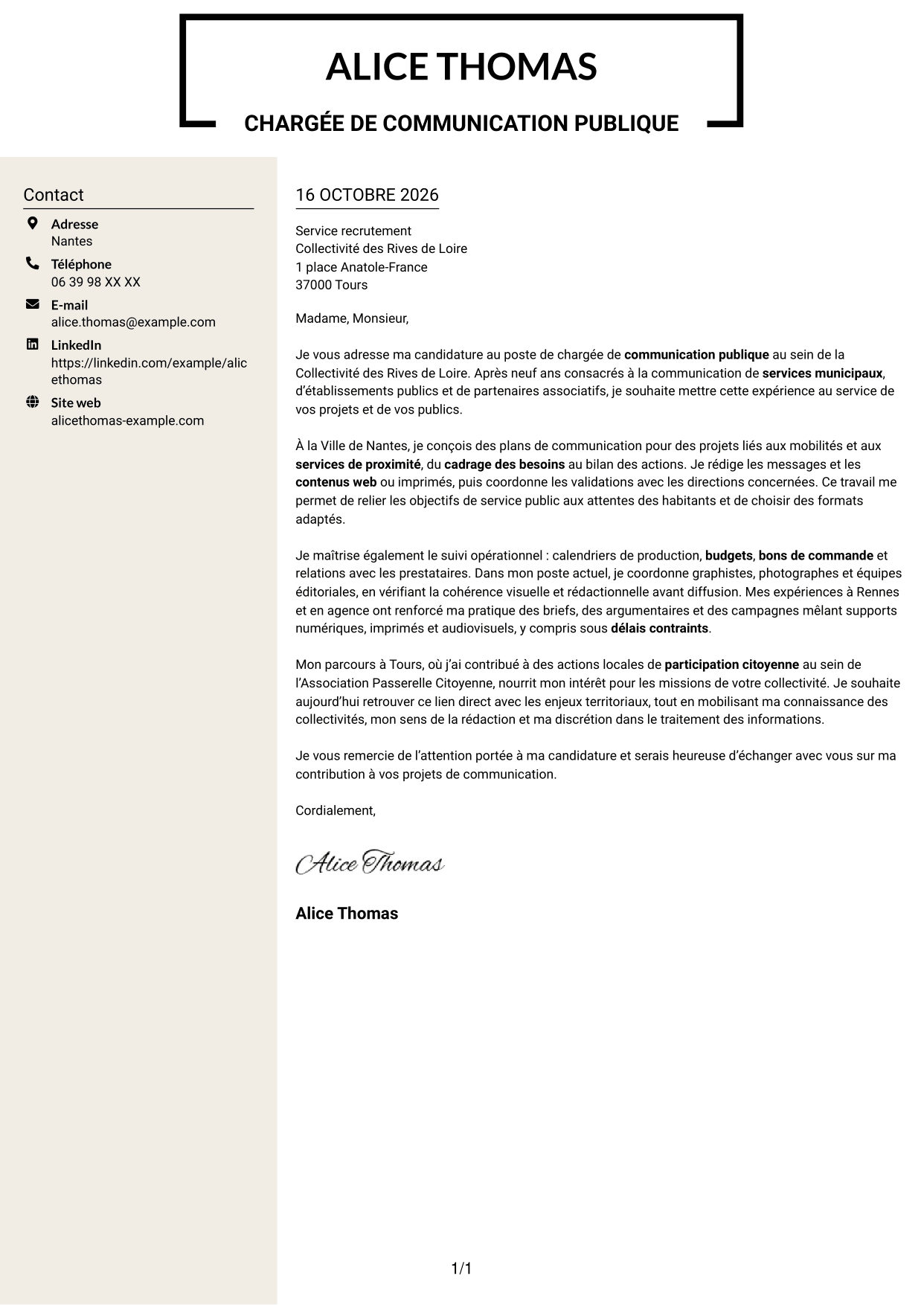 Lettre de motivation Fonceur (format à deux colonnes avec en-tête centré sans photo) : Chargé de communication - Communication publique, page 1