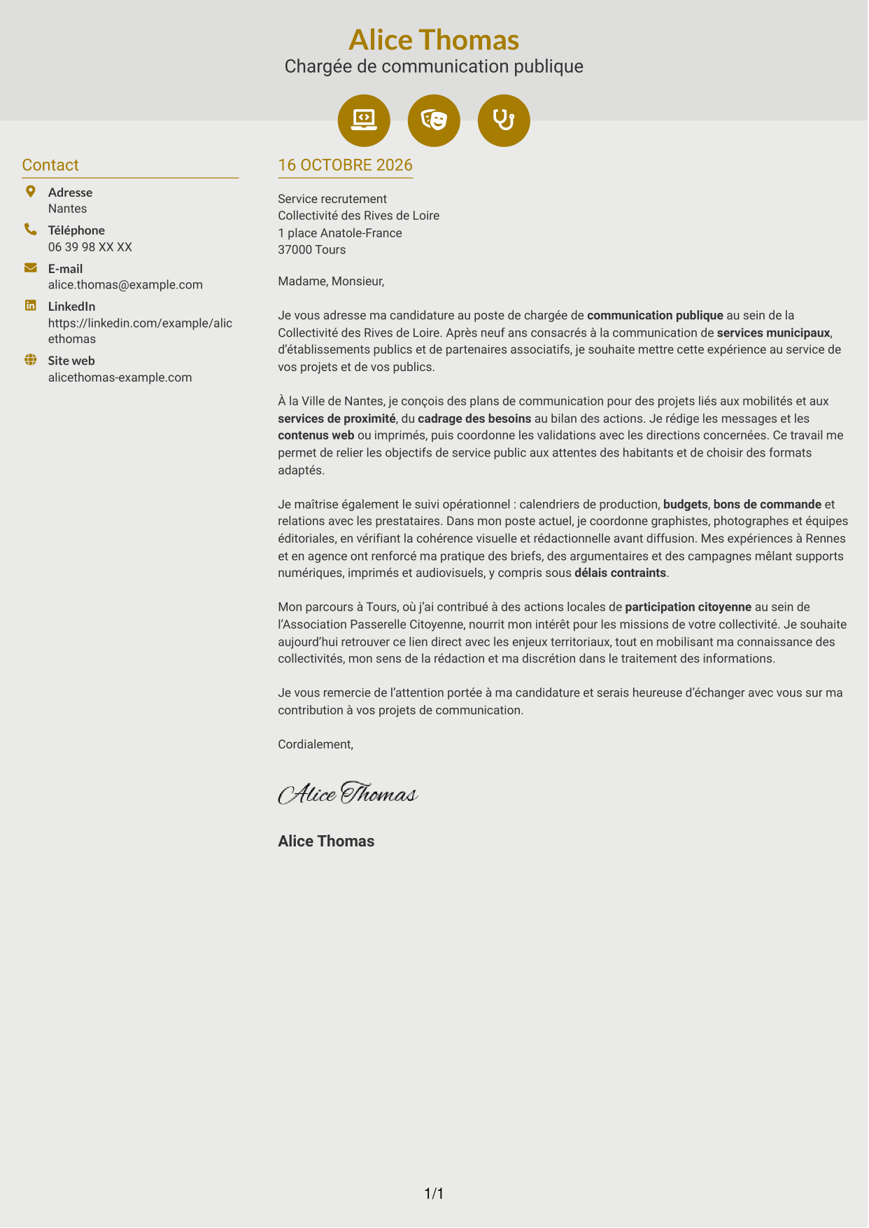 Lettre de motivation Dynamique (format à deux colonnes avec icônes) : Chargé de communication - Communication publique, page 1