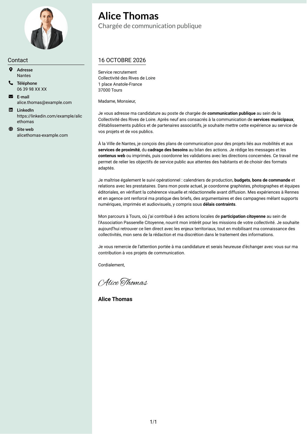 Lettre de motivation Cadre (format à colonne latérale douce avec photo arrondie) : Chargé de communication - Communication publique, page 1