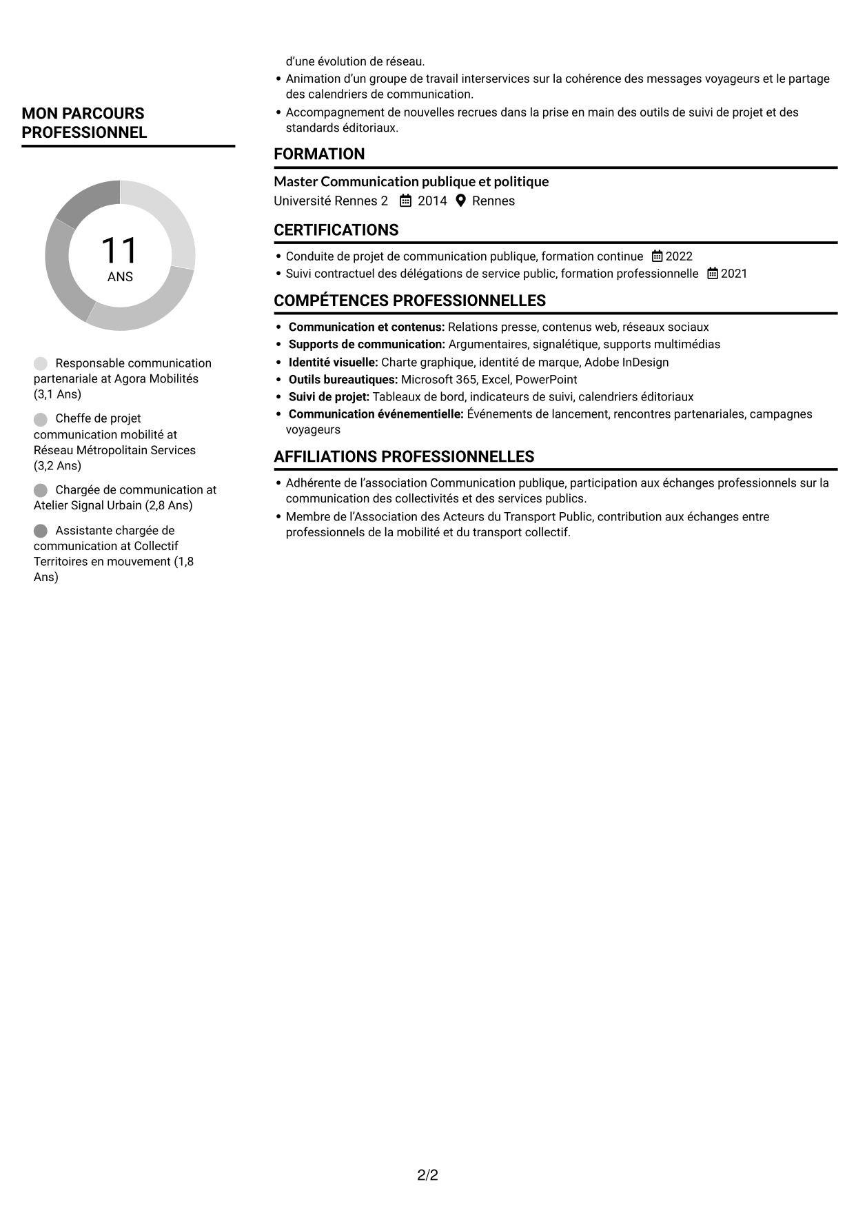 CV Compact (format sobre à deux colonnes avec photo) : Chargé de communication - Mobilités et DSP, page 2
