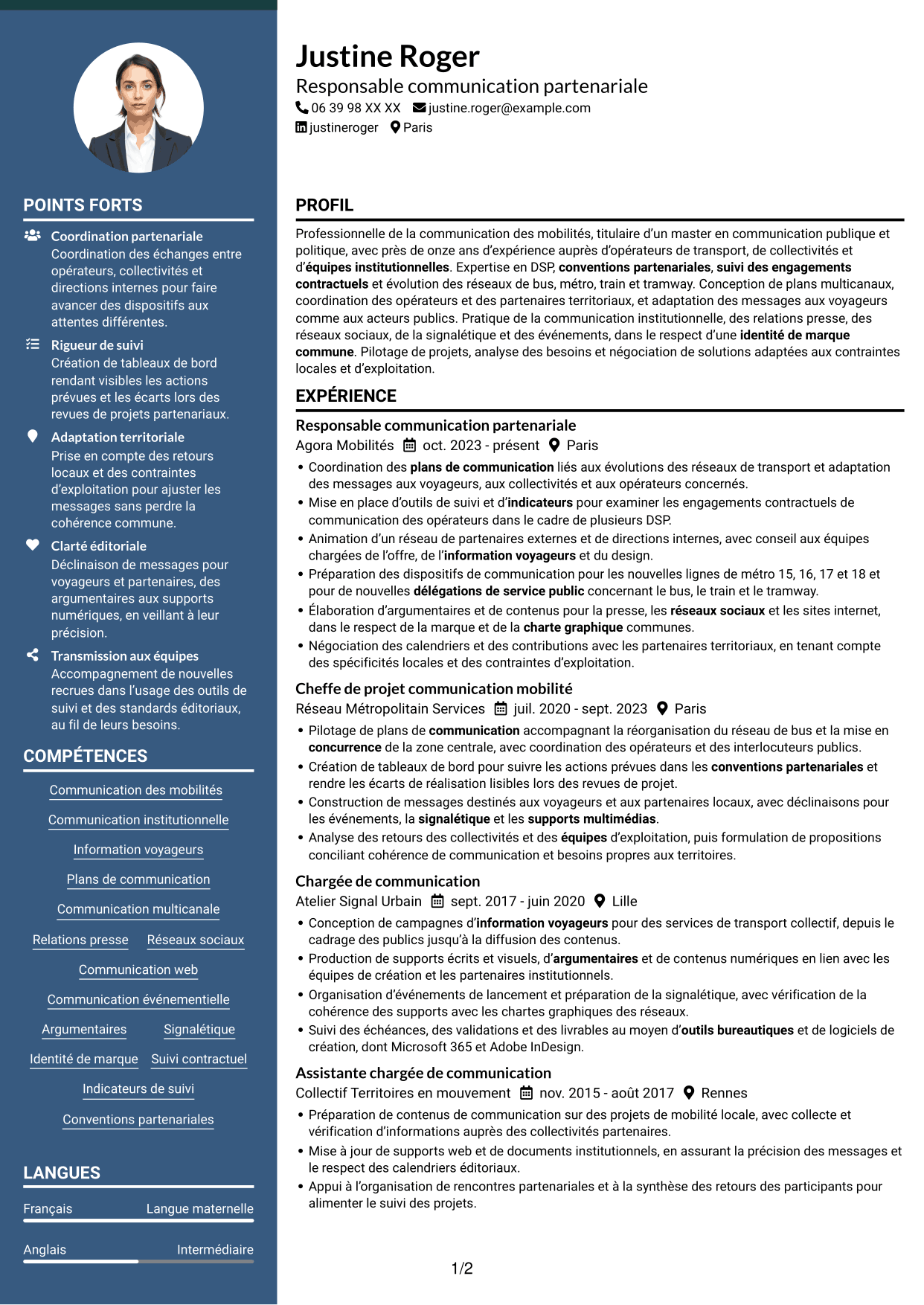 CV Élégant (format à colonne latérale colorée avec photo) : Chargé de communication - Mobilités et DSP, page 1