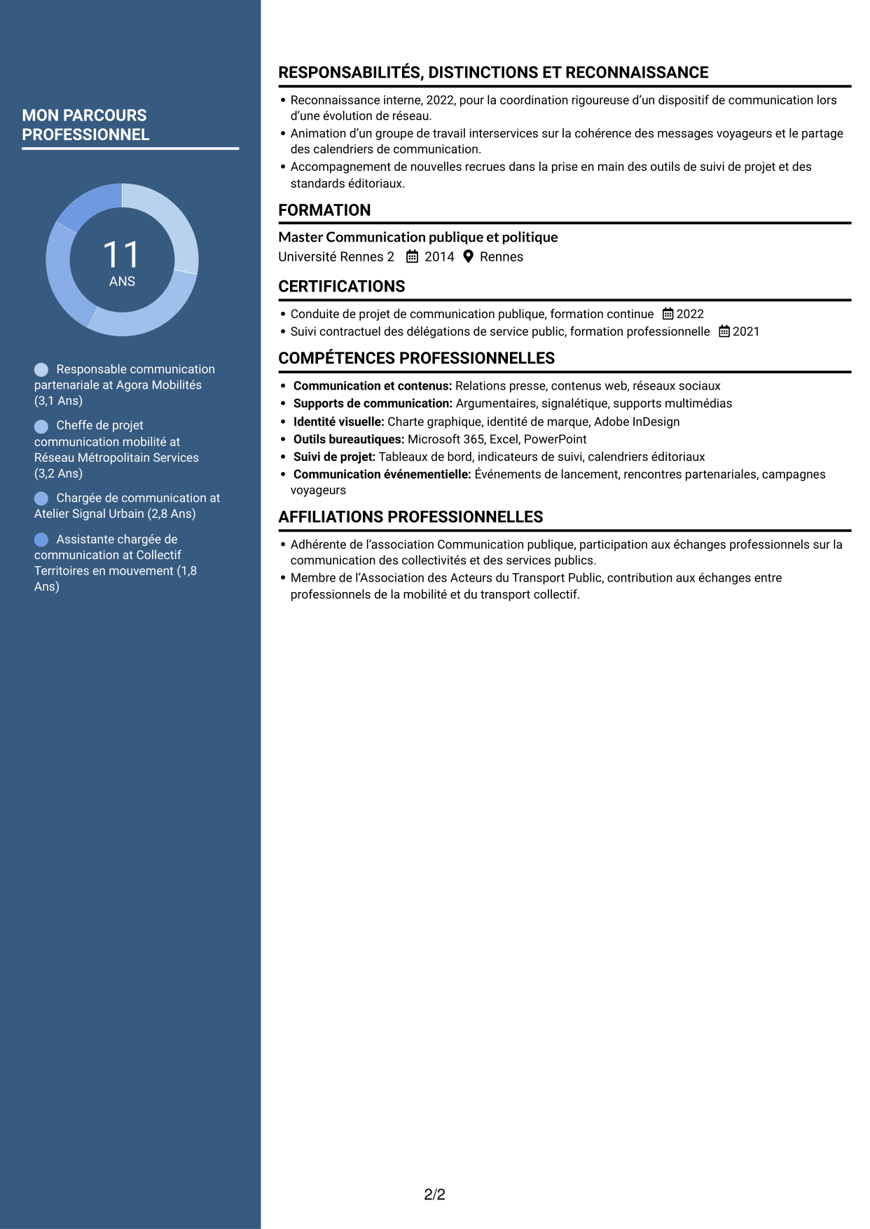 CV Élégant (format à colonne latérale colorée avec photo) : Chargé de communication - Mobilités et DSP, page 2