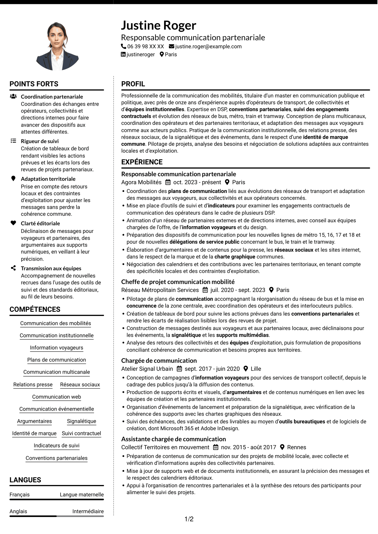 CV Moderne (format à deux colonnes avec photo à gauche et séparateur) : Chargé de communication - Mobilités et DSP, page 1