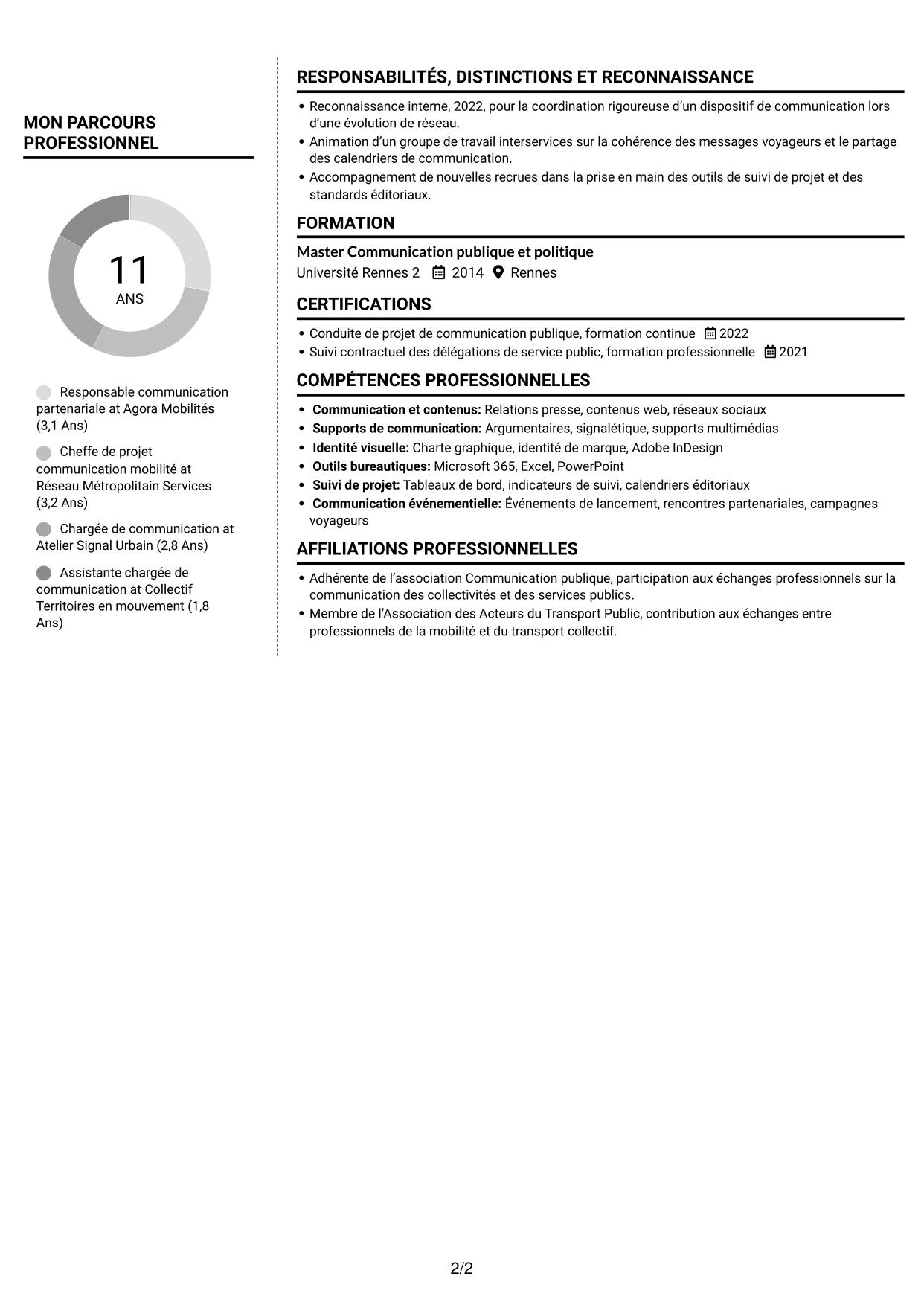 CV Moderne (format à deux colonnes avec photo à gauche et séparateur) : Chargé de communication - Mobilités et DSP, page 2