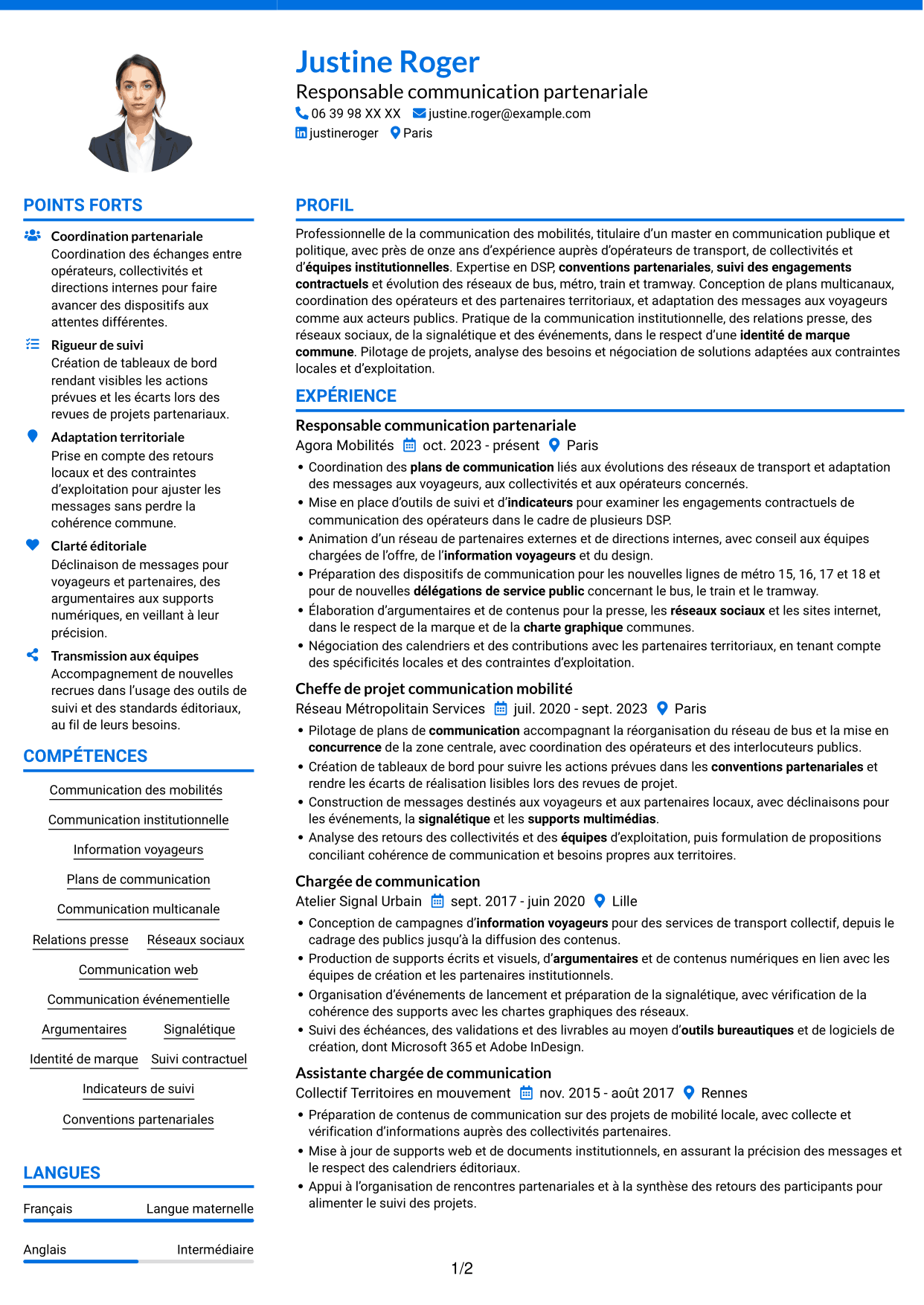 CV Audacieux (format à deux colonnes avec accents colorés et photo) : Chargé de communication - Mobilités et DSP, page 1