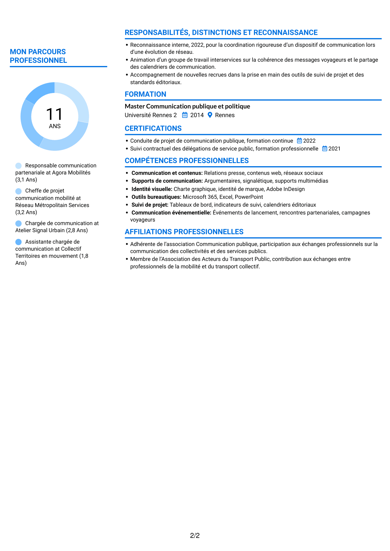 CV Audacieux (format à deux colonnes avec accents colorés et photo) : Chargé de communication - Mobilités et DSP, page 2