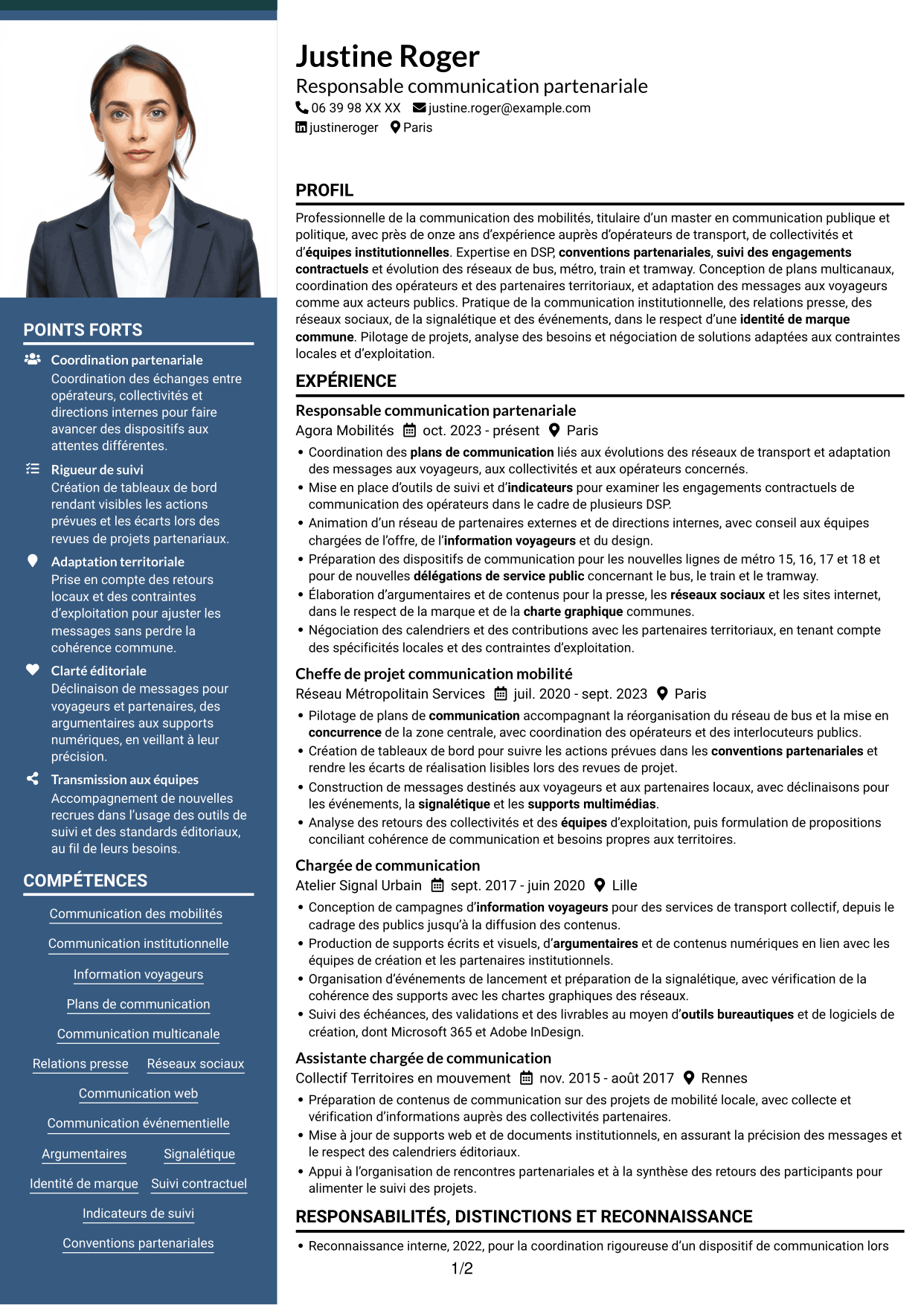 CV Signature (format à colonne latérale colorée avec grande photo) : Chargé de communication - Mobilités et DSP, page 1