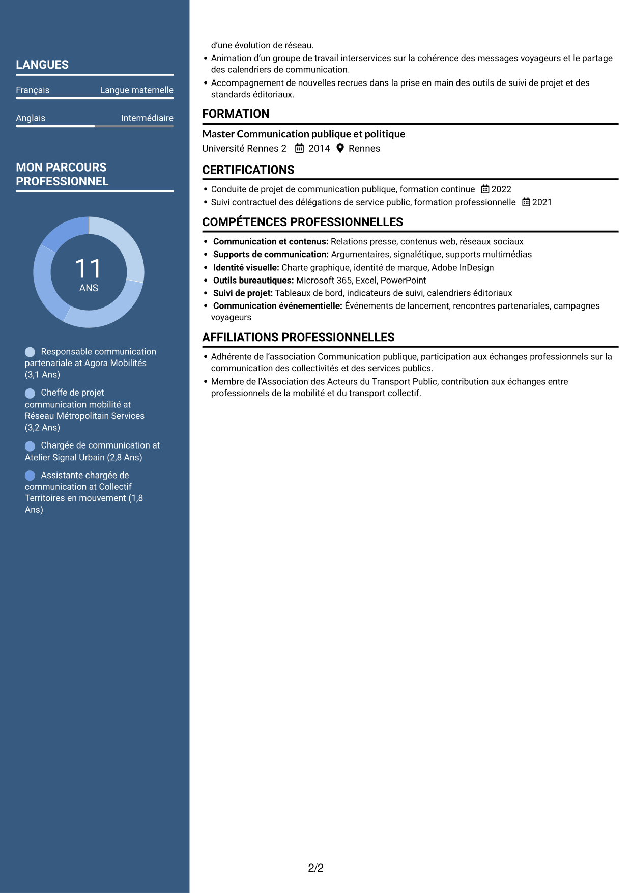 CV Signature (format à colonne latérale colorée avec grande photo) : Chargé de communication - Mobilités et DSP, page 2