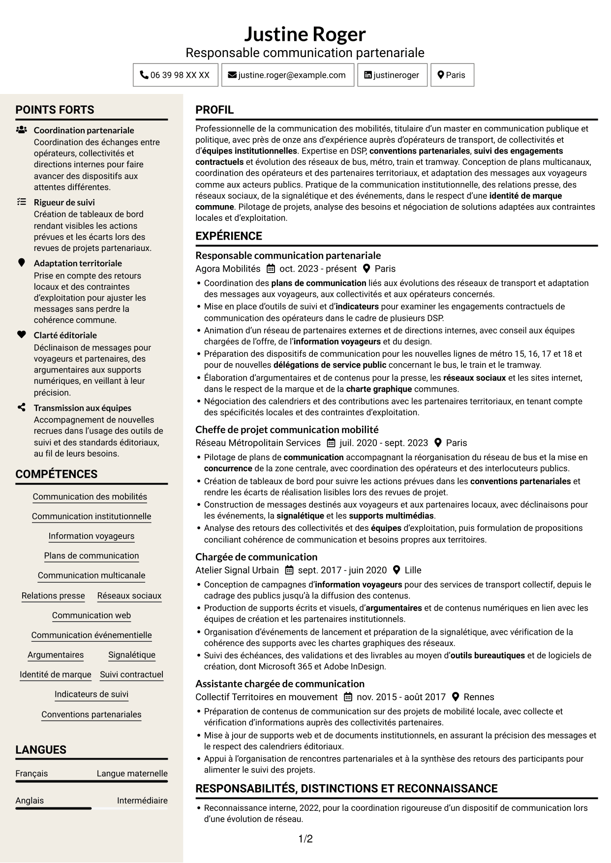 CV Fonceur (format à deux colonnes avec en-tête centré sans photo) : Chargé de communication - Mobilités et DSP, page 1