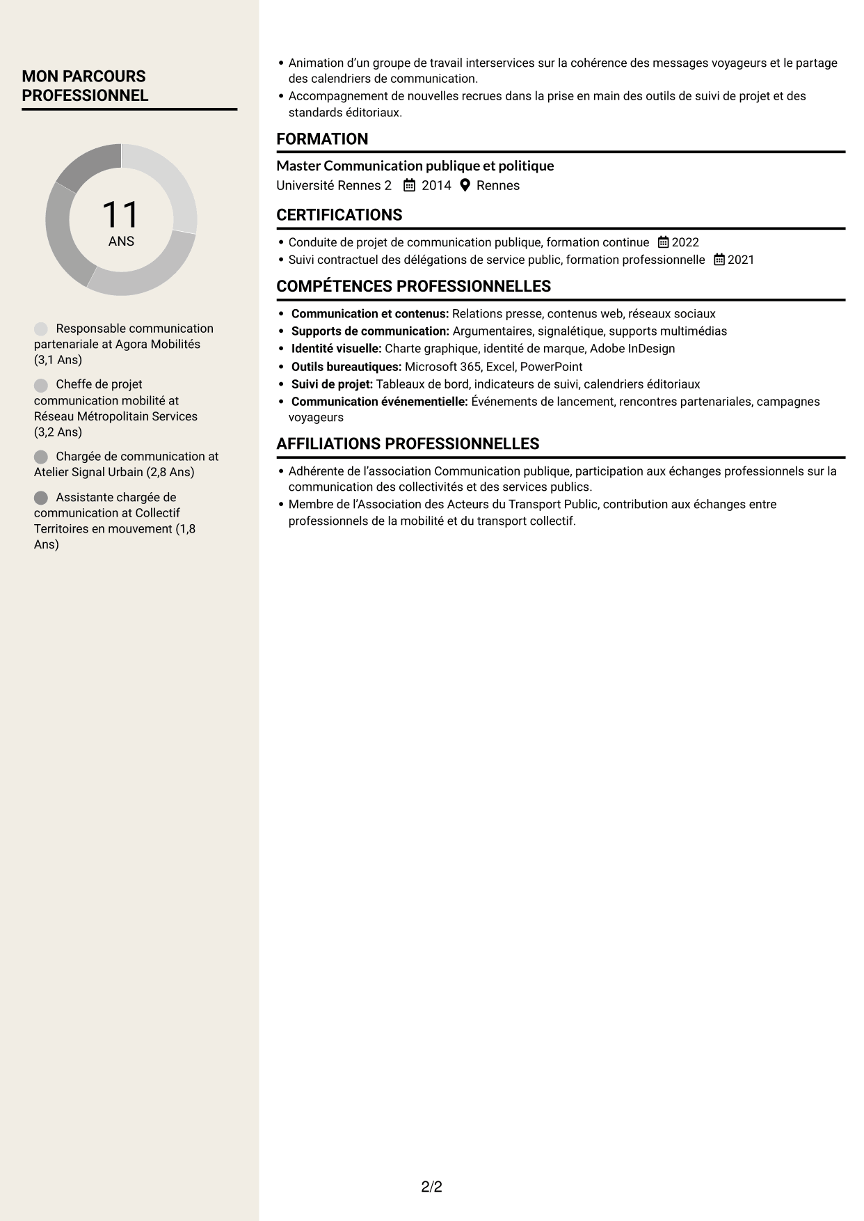 CV Fonceur (format à deux colonnes avec en-tête centré sans photo) : Chargé de communication - Mobilités et DSP, page 2