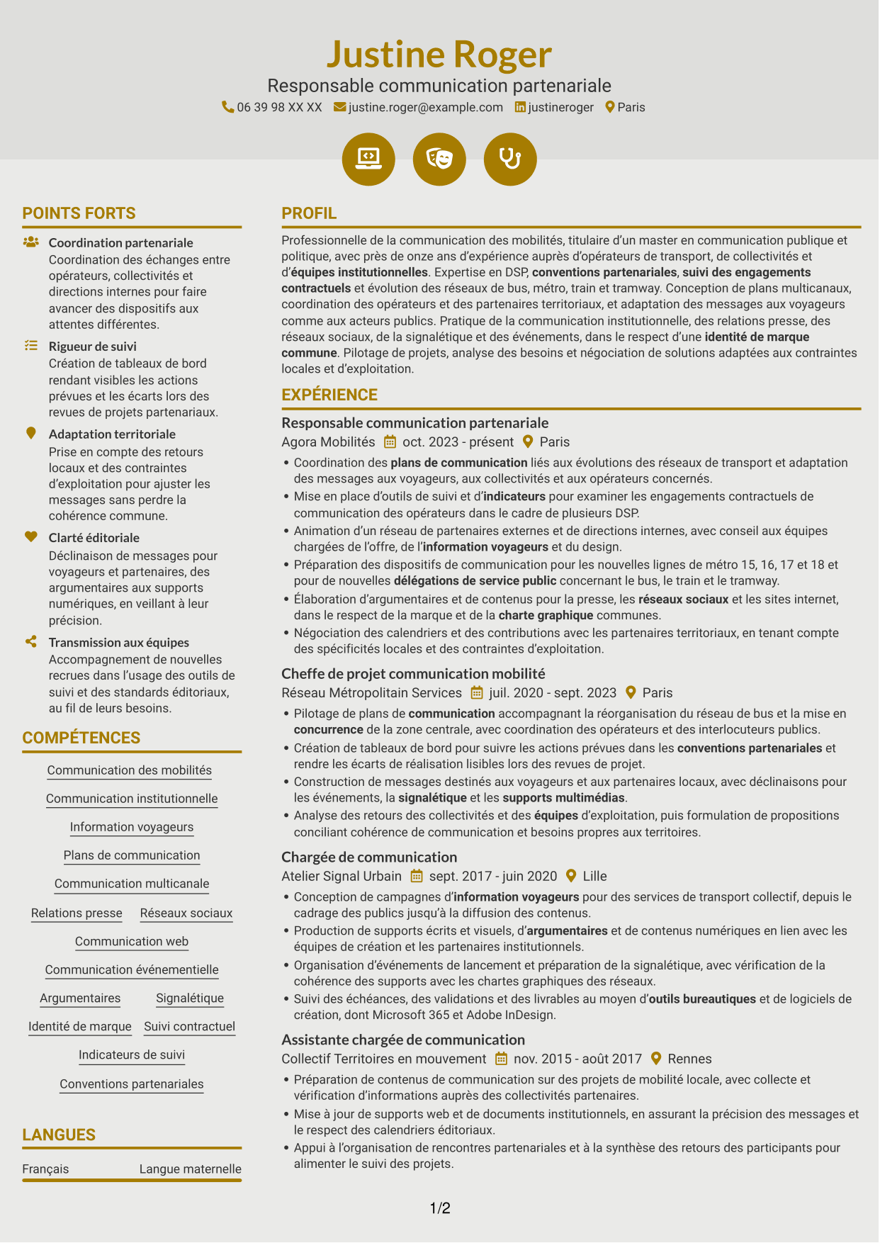 CV Dynamique (format à deux colonnes avec icônes) : Chargé de communication - Mobilités et DSP, page 1