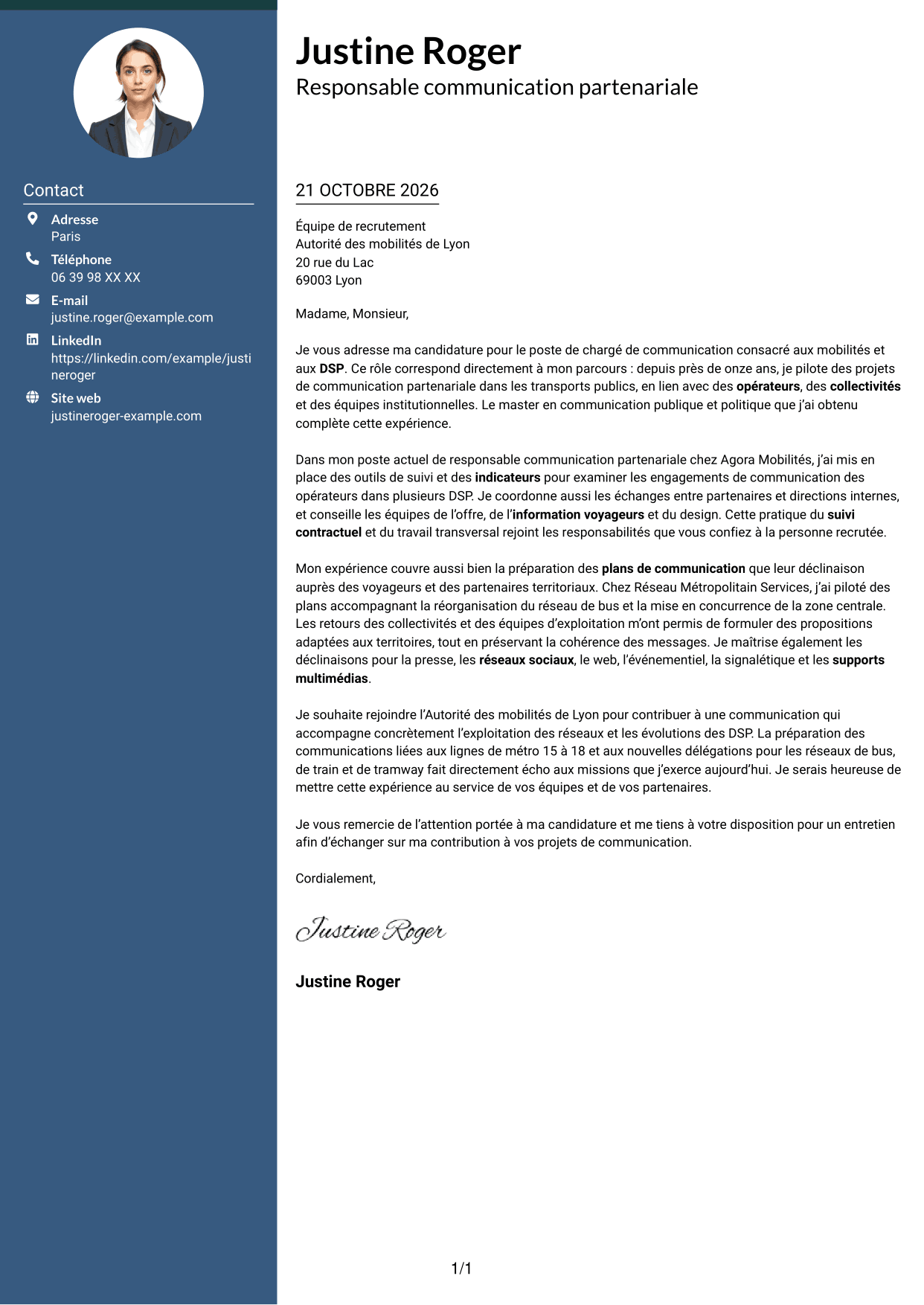 Lettre de motivation Élégant (format à colonne latérale colorée avec photo) : Chargé de communication - Mobilités et DSP, page 1