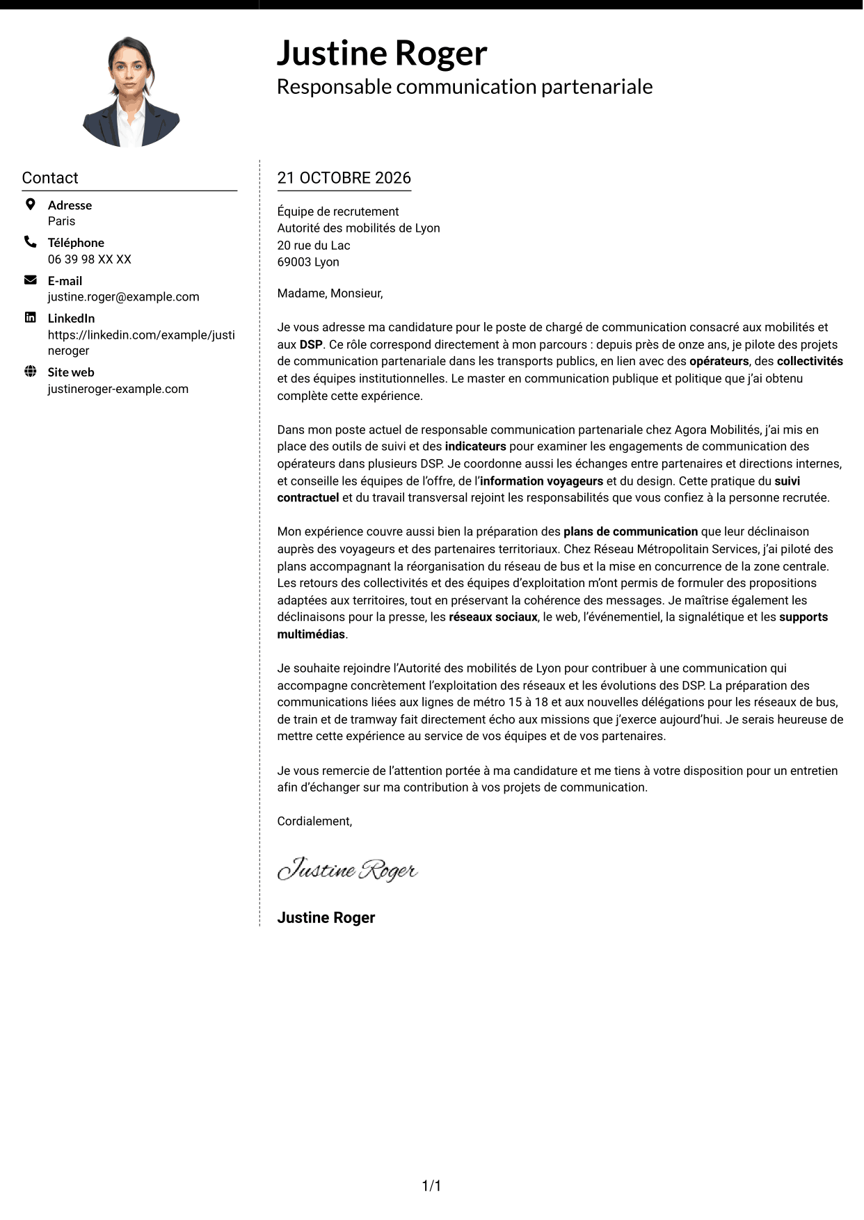 Lettre de motivation Moderne (format à deux colonnes avec photo à gauche et séparateur) : Chargé de communication - Mobilités et DSP, page 1