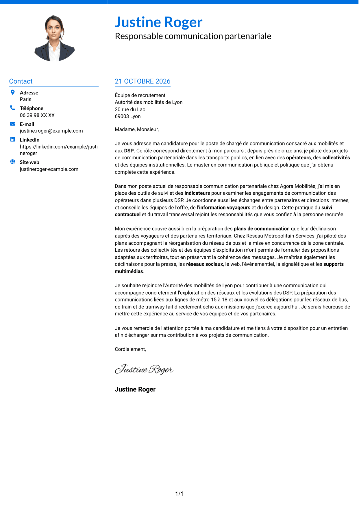 Lettre de motivation Audacieux (format à deux colonnes avec accents colorés et photo) : Chargé de communication - Mobilités et DSP, page 1