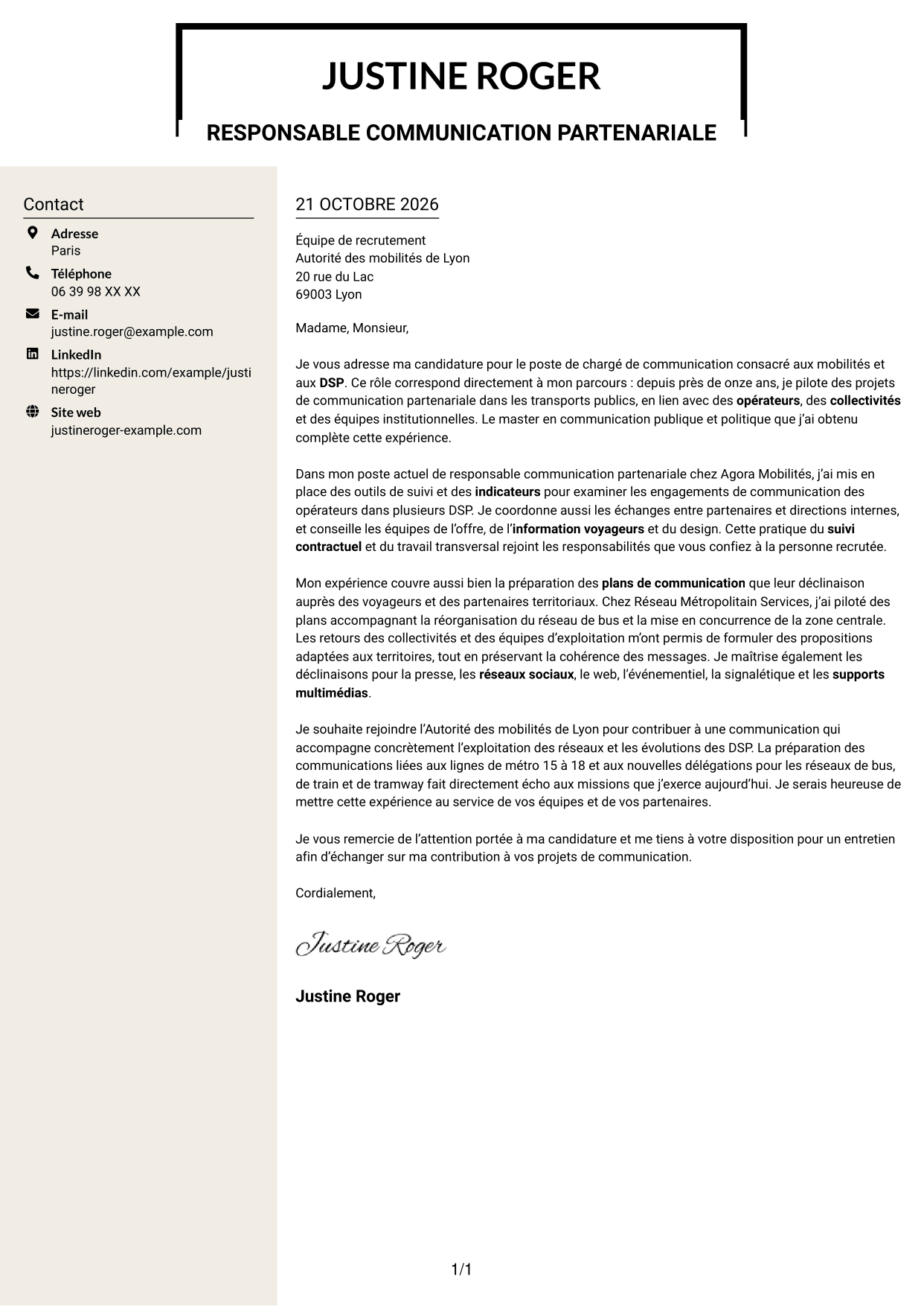 Lettre de motivation Fonceur (format à deux colonnes avec en-tête centré sans photo) : Chargé de communication - Mobilités et DSP, page 1