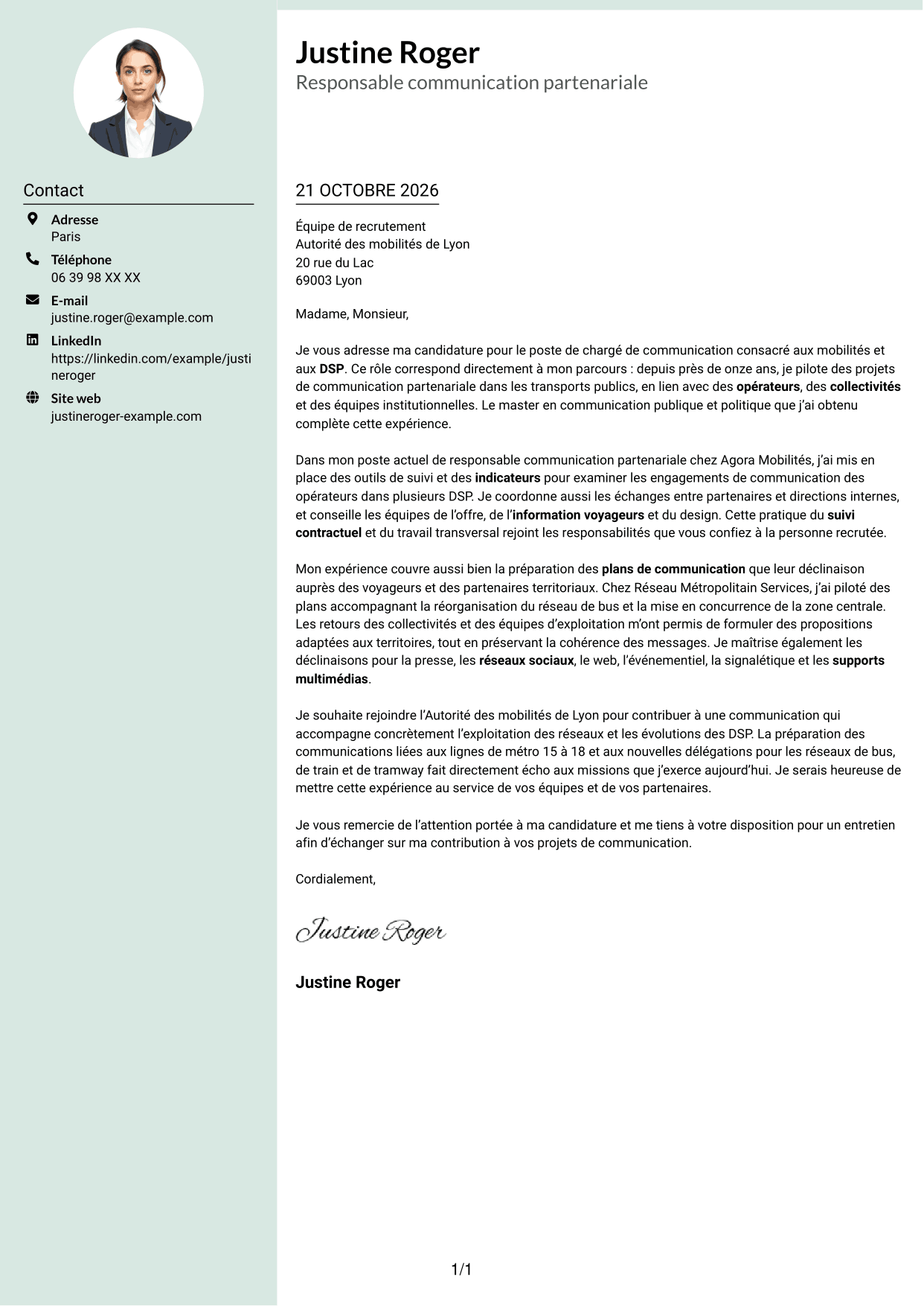 Lettre de motivation Cadre (format à colonne latérale douce avec photo arrondie) : Chargé de communication - Mobilités et DSP, page 1