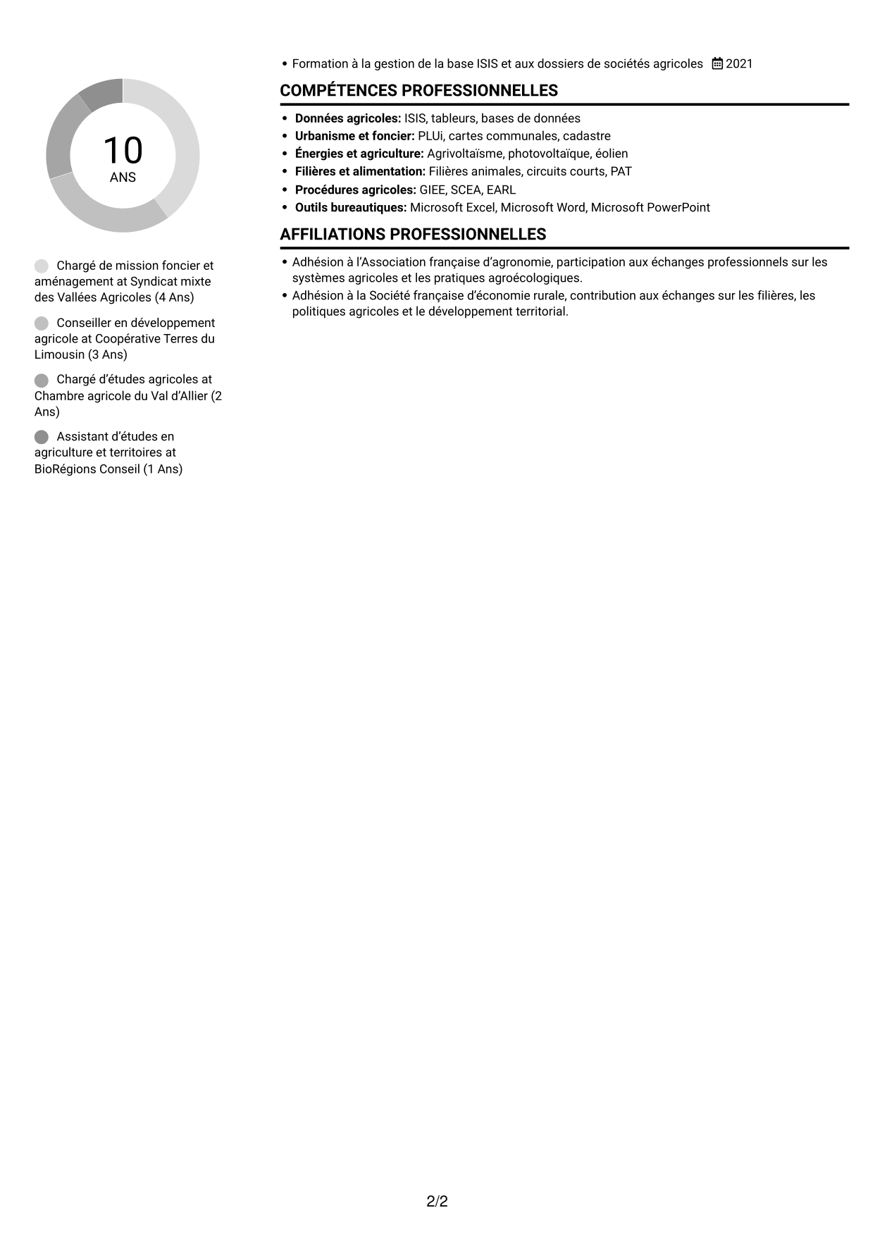 CV Compact (format sobre à deux colonnes avec photo) : Chargé de mission - Agroécologie et foncier agricole, page 2