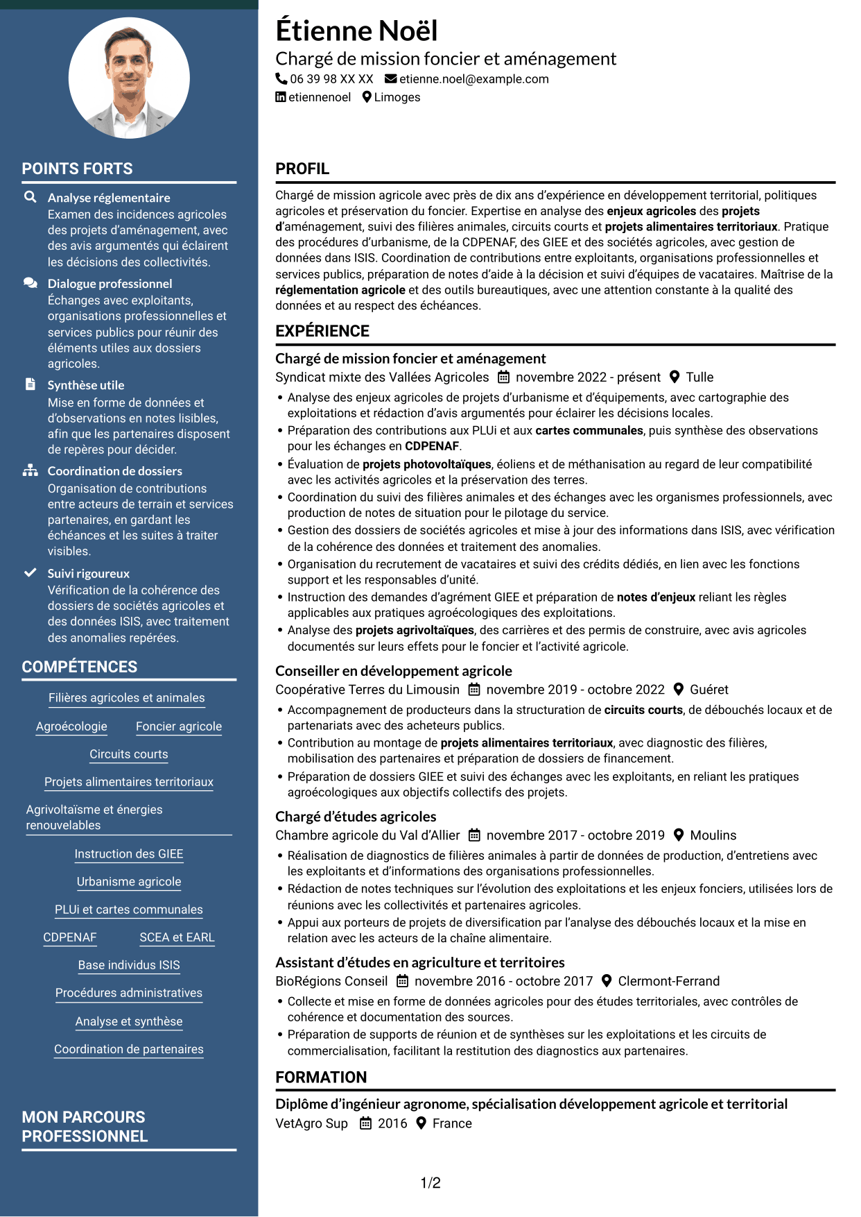 CV Élégant (format à colonne latérale colorée avec photo) : Chargé de mission - Agroécologie et foncier agricole, page 1